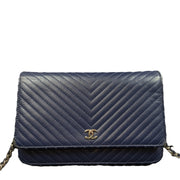 Authentic CHANEL Chevron Caviar WOC Wallet on Chain Handbag Navy Blue Leather