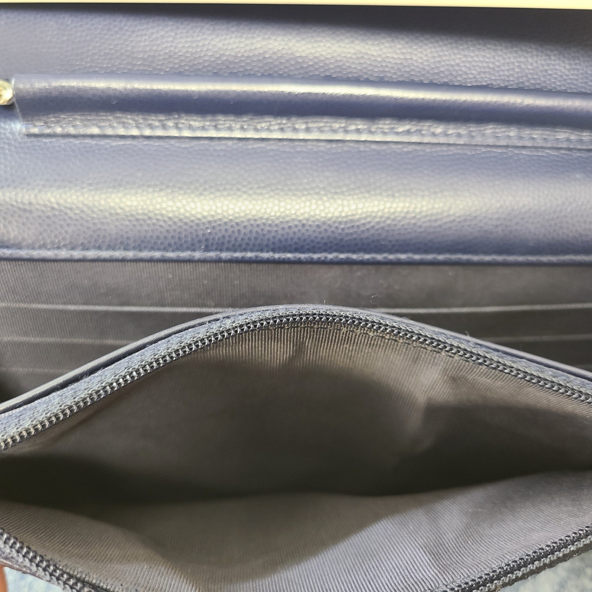 Authentic CHANEL Chevron Caviar WOC Wallet on Chain Handbag Navy Blue Leather