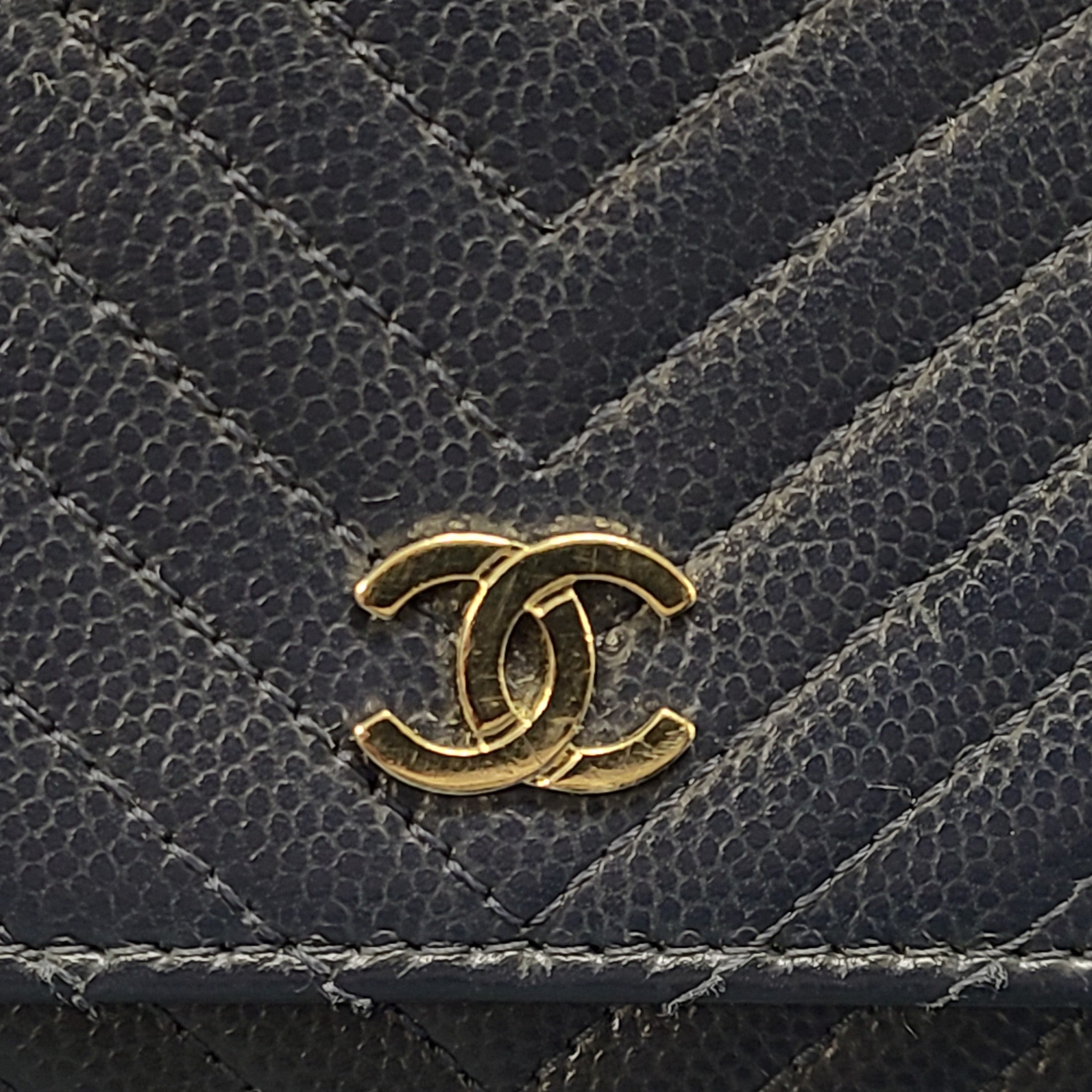 Authentic CHANEL Chevron Caviar WOC Wallet on Chain Handbag Navy Blue Leather