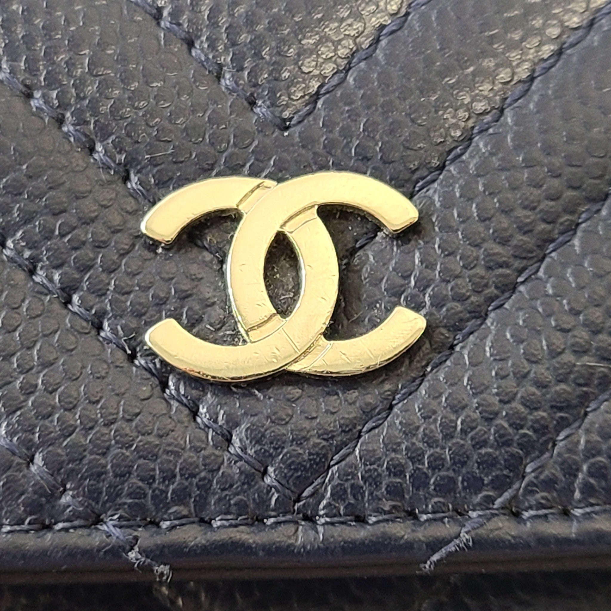 Authentic CHANEL Chevron Caviar WOC Wallet on Chain Handbag Navy Blue Leather