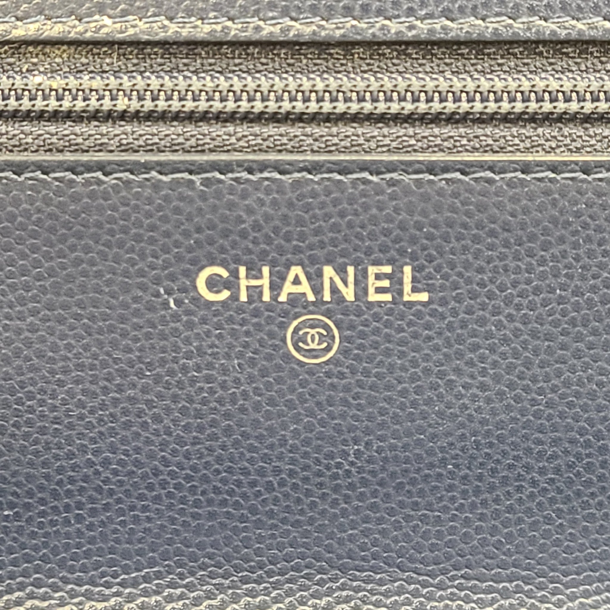 Authentic CHANEL Chevron Caviar WOC Wallet on Chain Handbag Navy Blue Leather