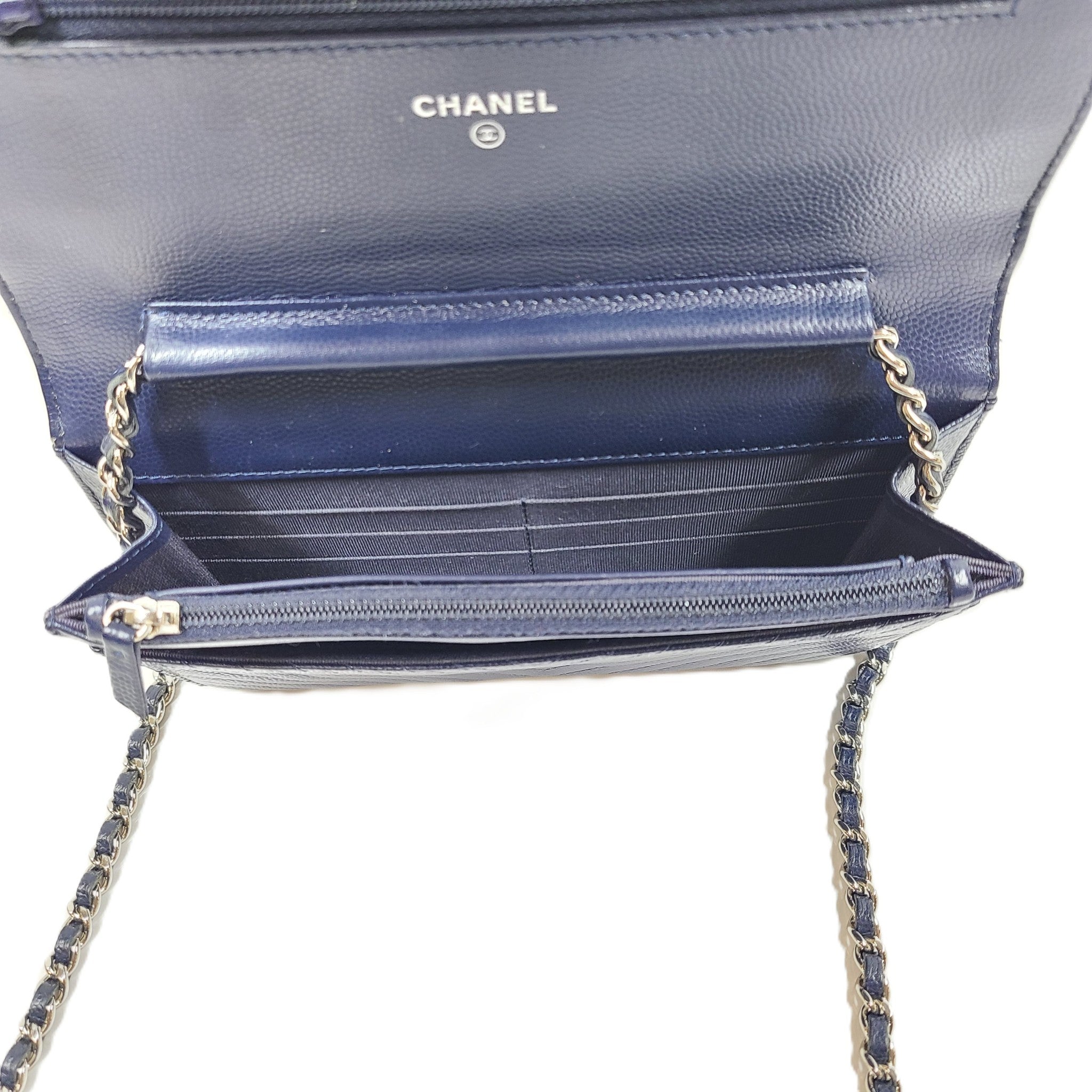 Authentic CHANEL Chevron Caviar WOC Wallet on Chain Handbag Navy Blue Leather