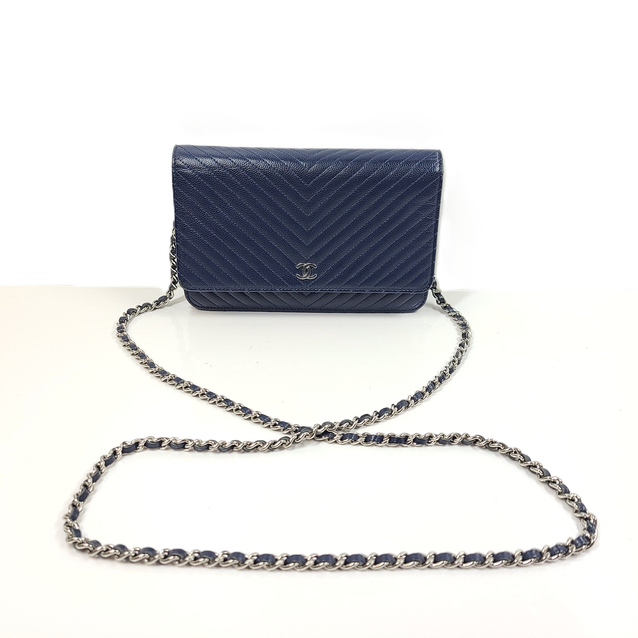 Authentic CHANEL Chevron Caviar WOC Wallet on Chain Handbag Navy Blue Leather
