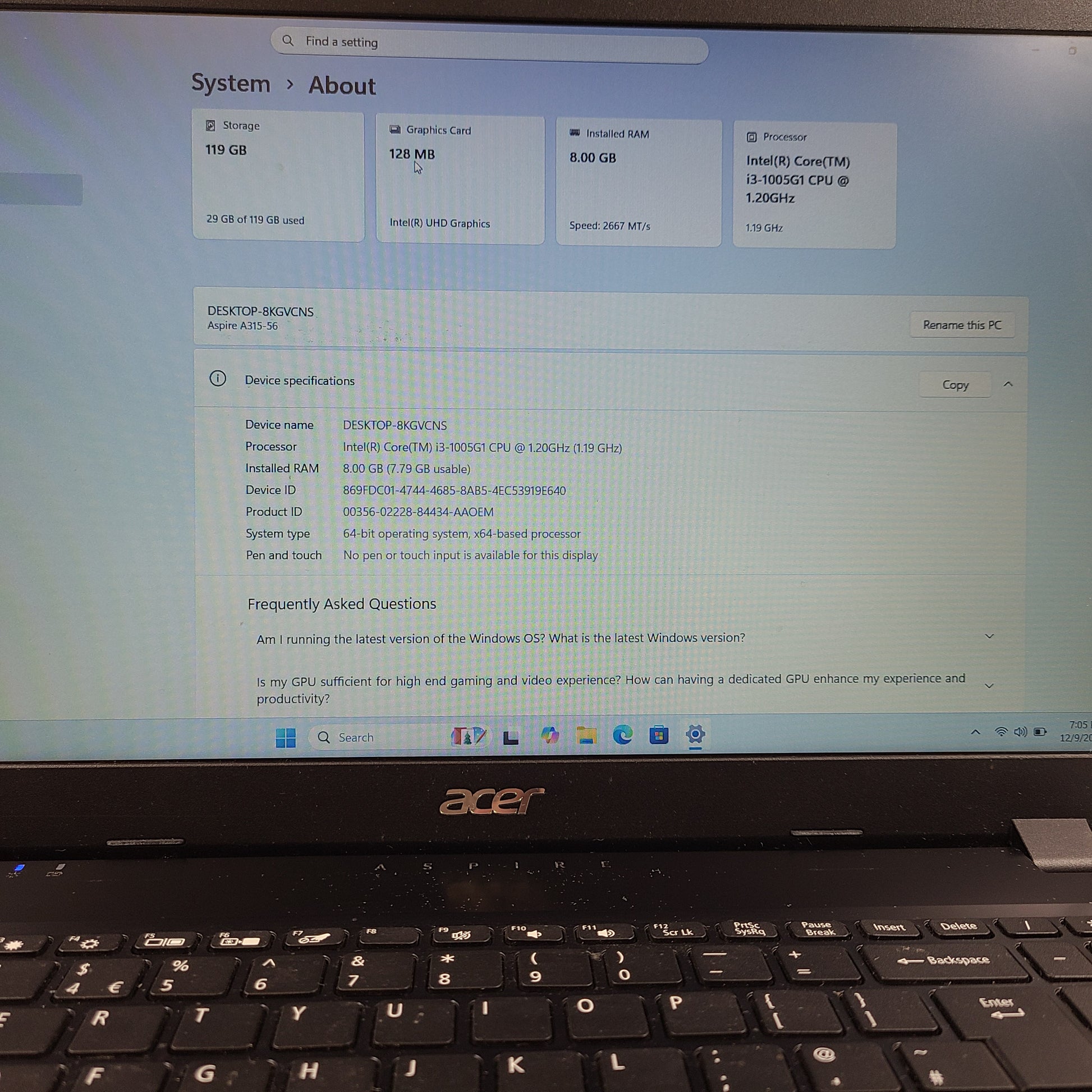 A black Acer Aspire 3 A315-56 laptop with Intel Core i3 processor, 8GB RAM and 128GB SSD.