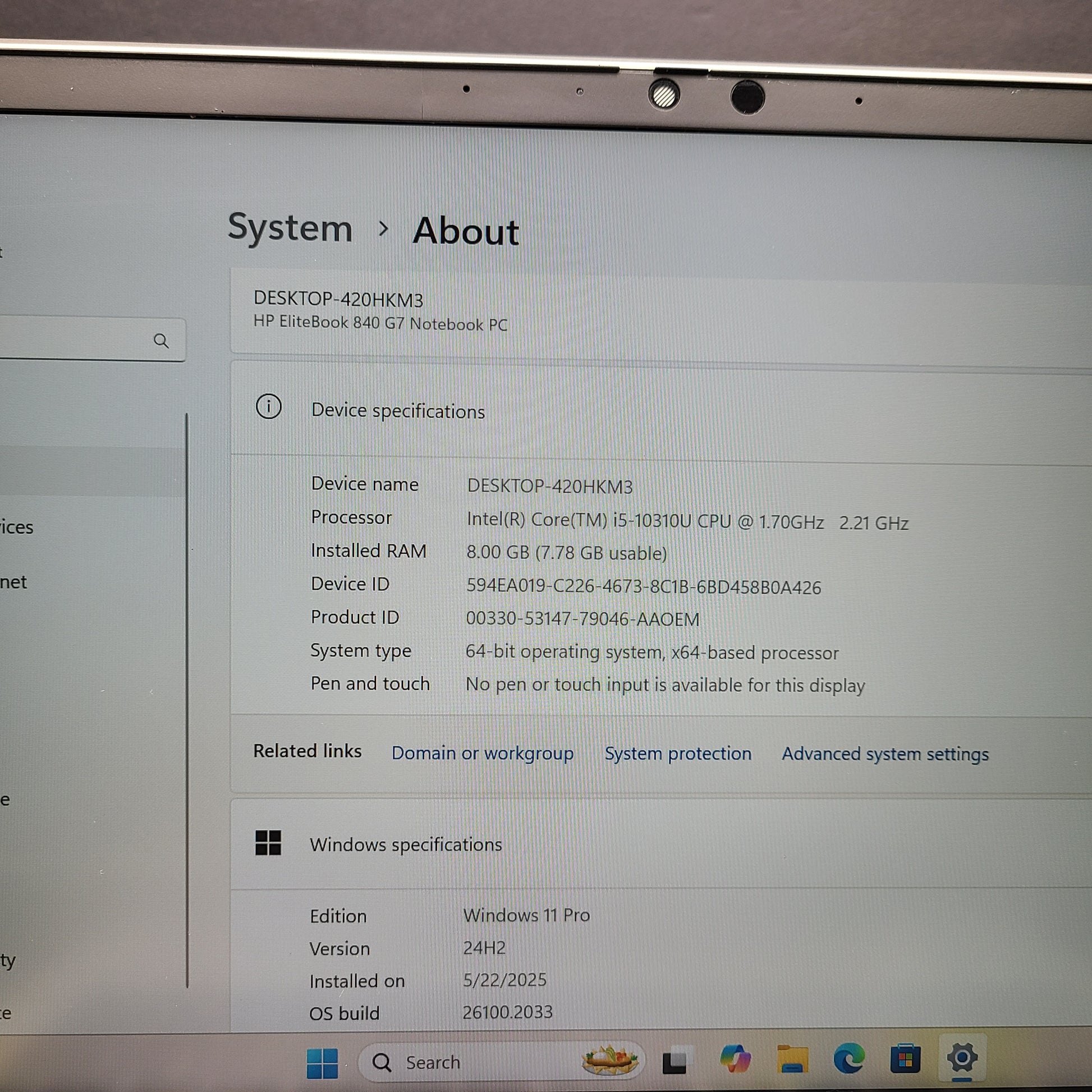 Silver HP EliteBook 840 G7 laptop with Intel Core i5 and 8GB RAM for reliable mobile productivity.