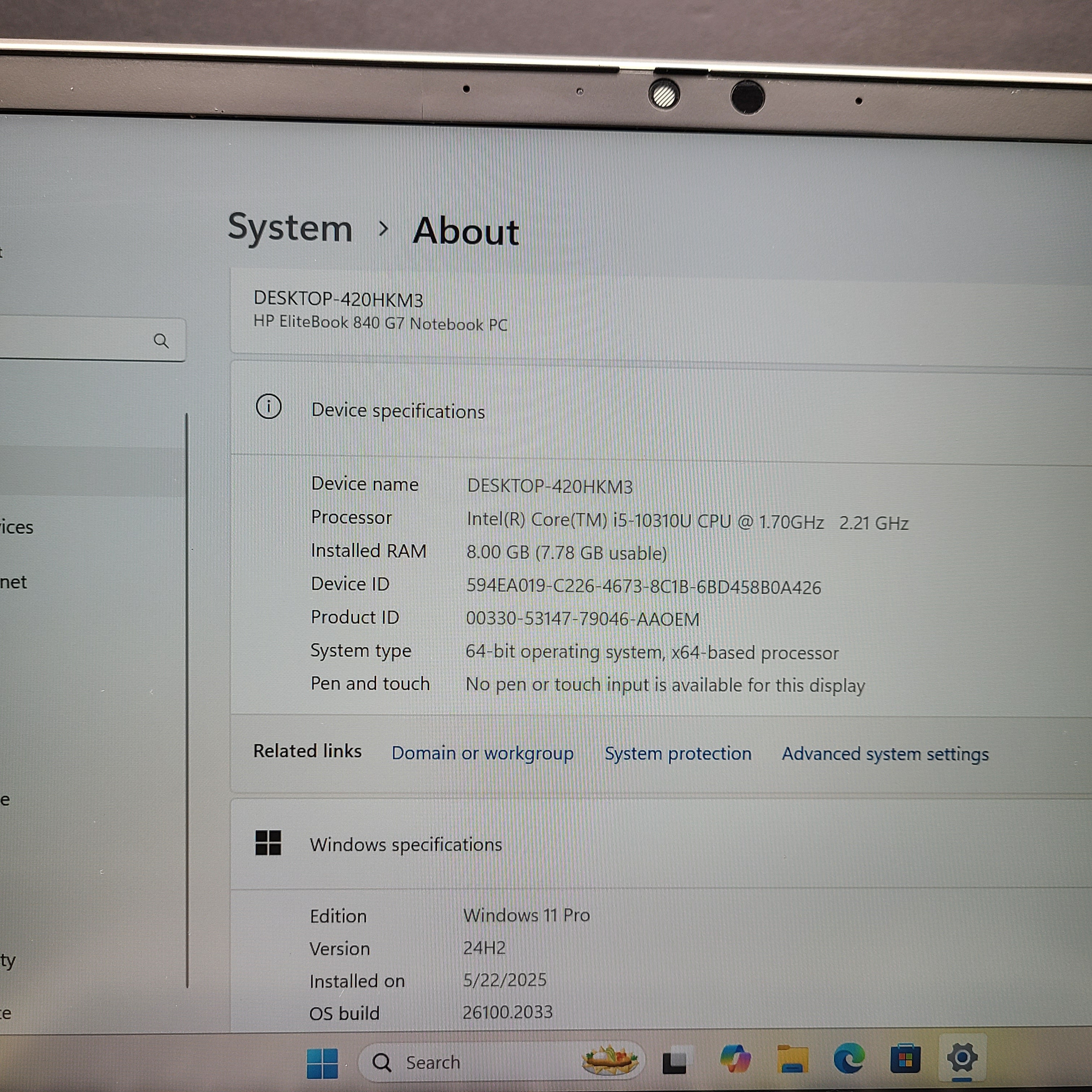 Silver HP EliteBook 840 G7 laptop with Intel Core i5 and 8GB RAM for reliable mobile productivity.