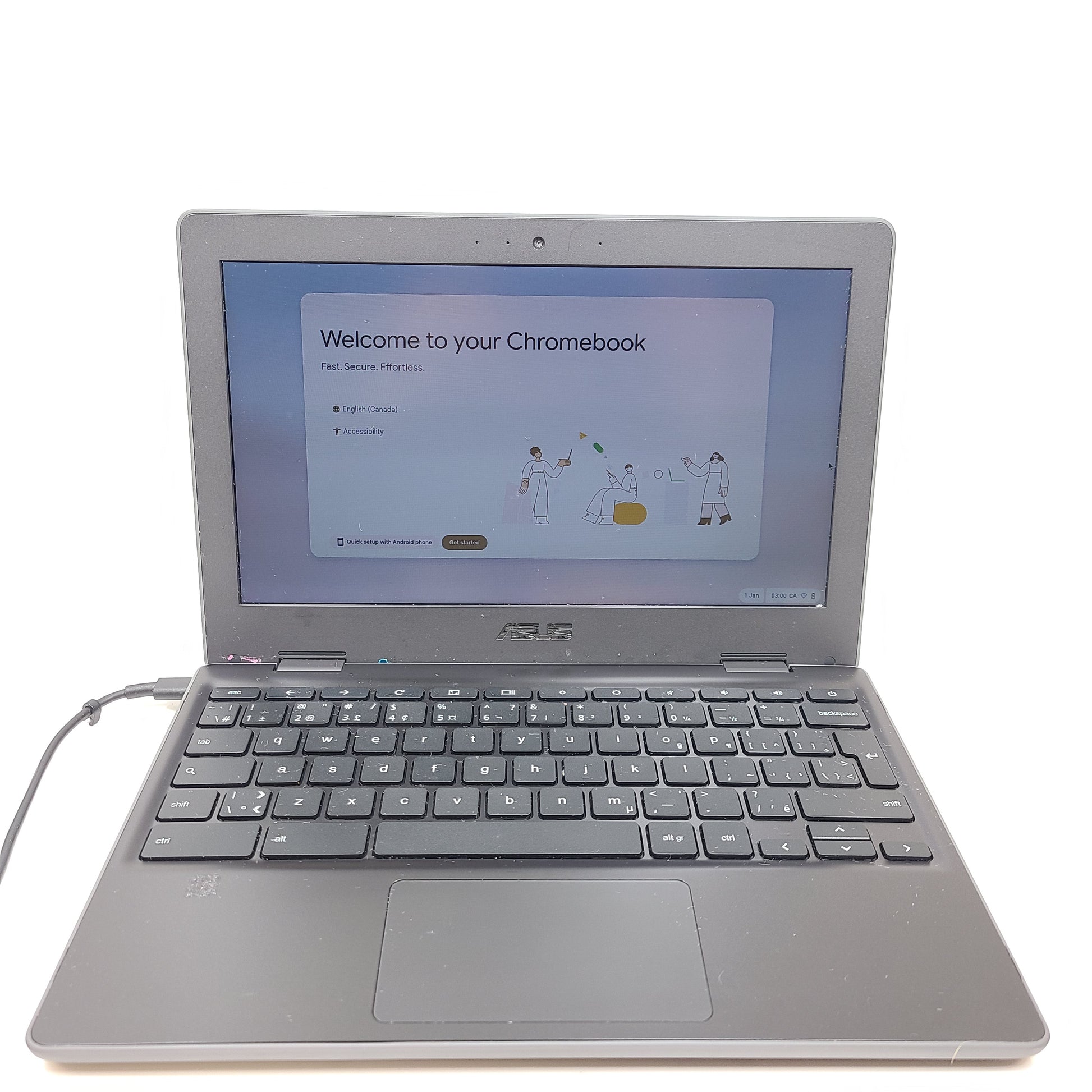 Compact rugged ASUS Chromebook C202SA with 11.6-inch screen, 4GB RAM and 16GB storage in black.