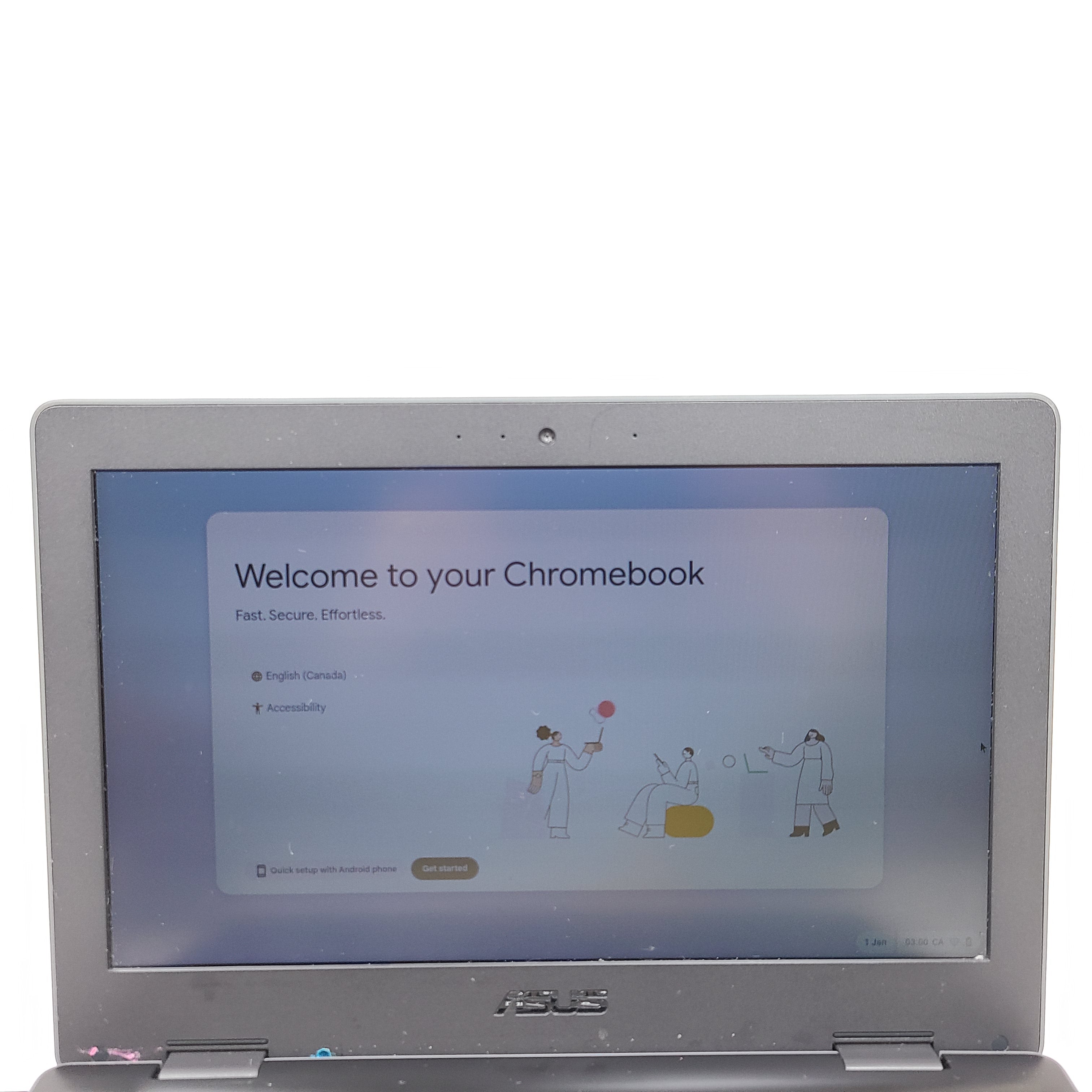 Compact rugged ASUS Chromebook C202SA with 11.6-inch screen, 4GB RAM and 16GB storage in black.