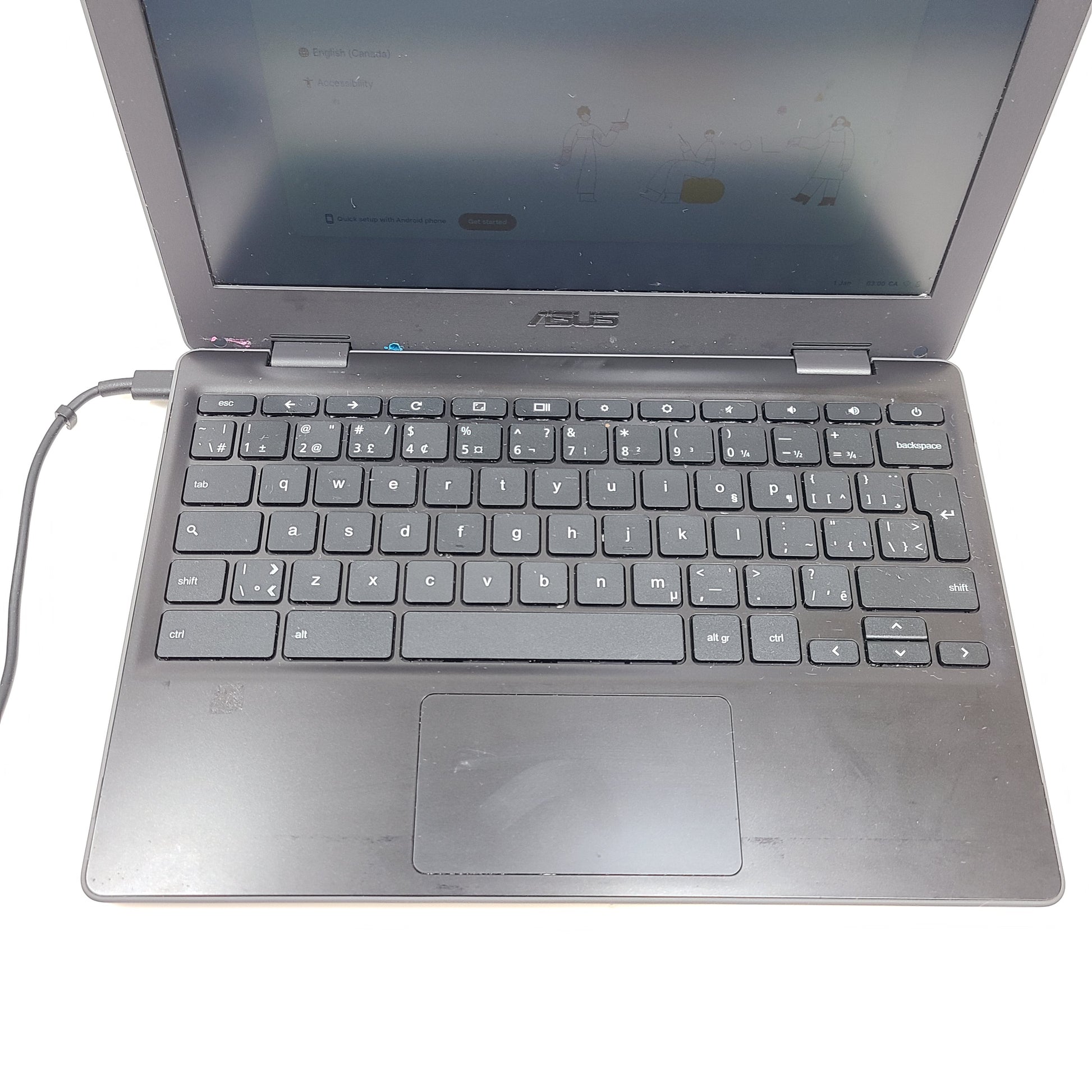 Compact rugged ASUS Chromebook C202SA with 11.6-inch screen, 4GB RAM and 16GB storage in black.