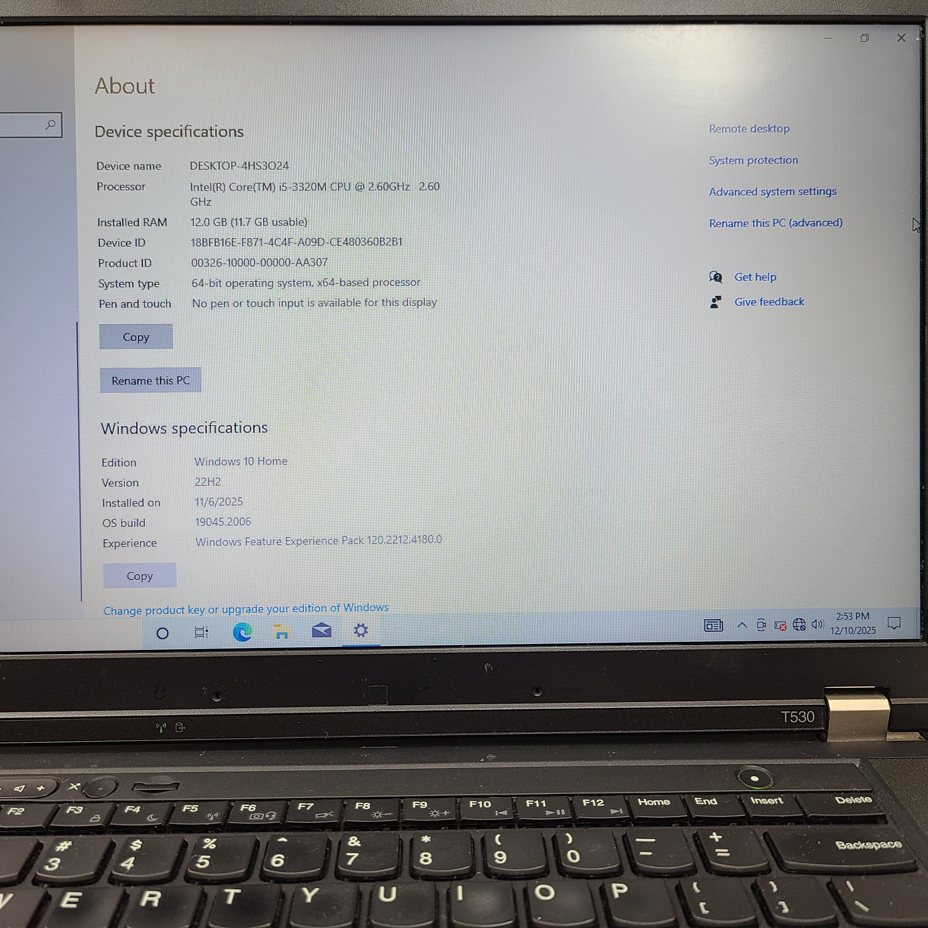 Black Lenovo ThinkPad T530 laptop with Intel Core i5-3320M and 12GB RAM built for reliable daily productivity.