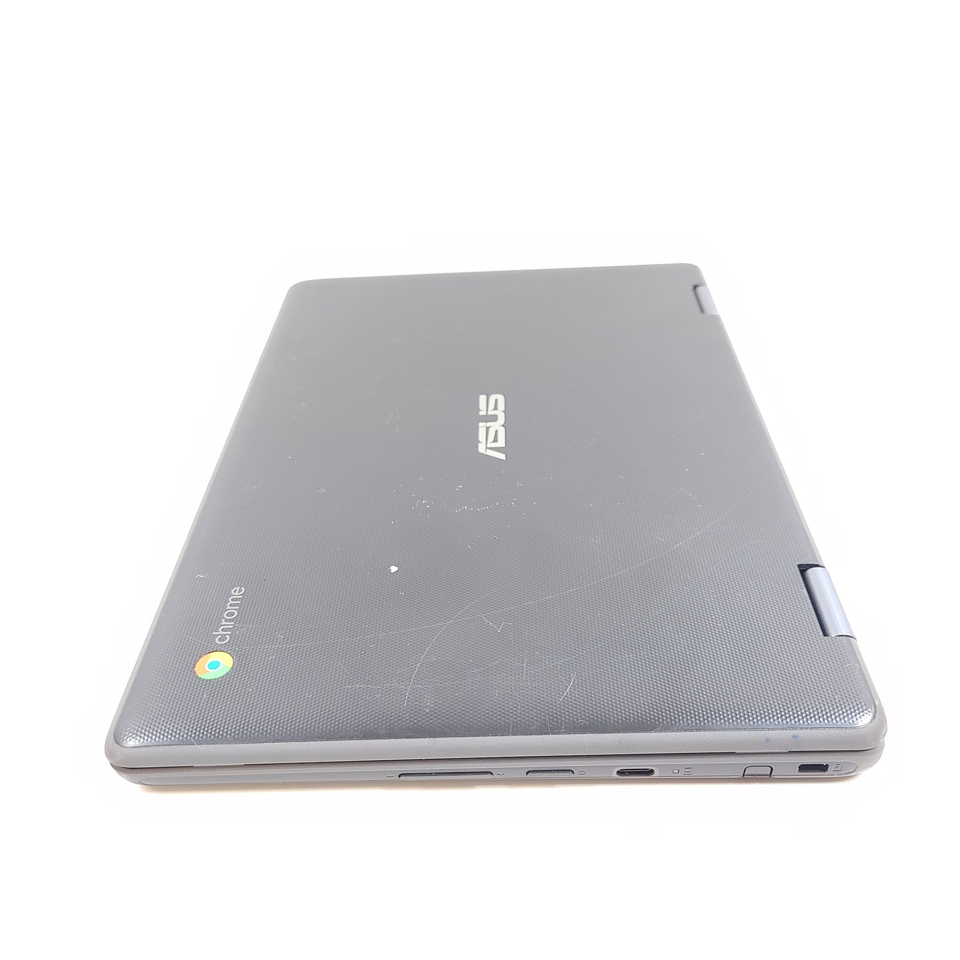 Black ASUS Chromebook C204EE with an 11.6-inch HD display, durable chassis, and streamlined Chrome OS performance.