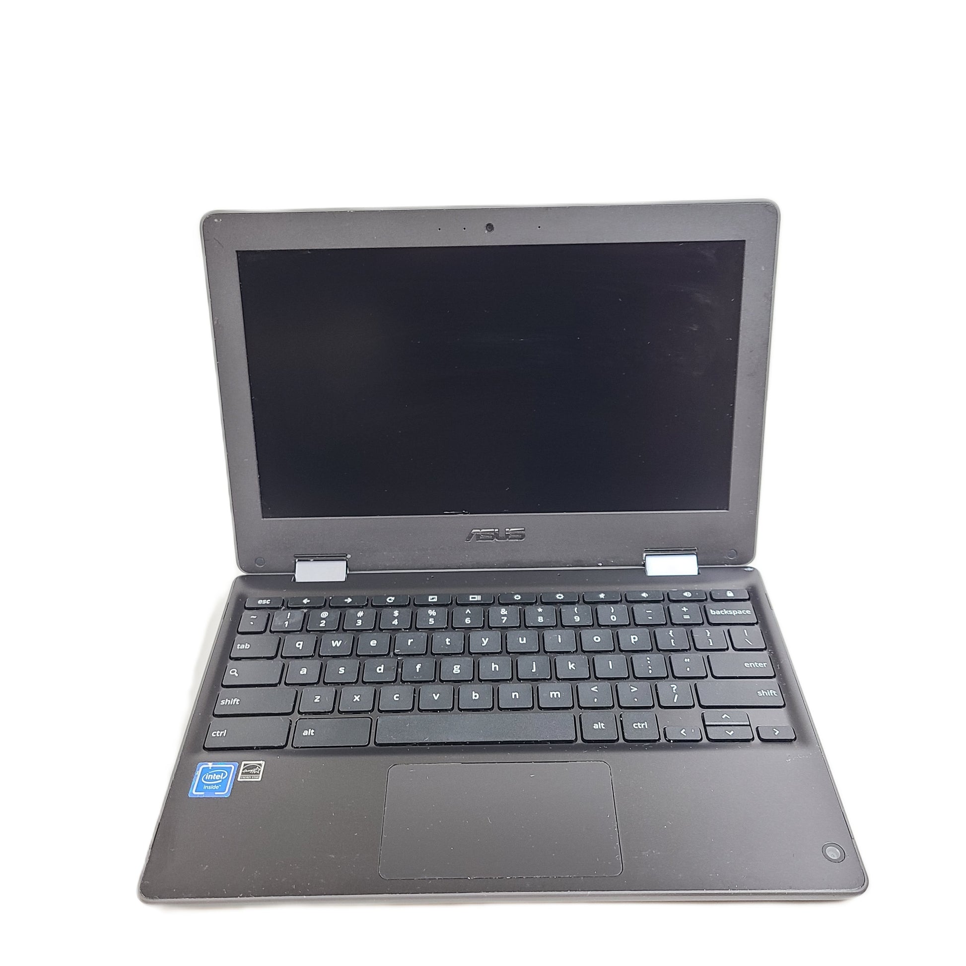 Black ASUS Chromebook C204EE with an 11.6-inch HD display, durable chassis, and streamlined Chrome OS performance.