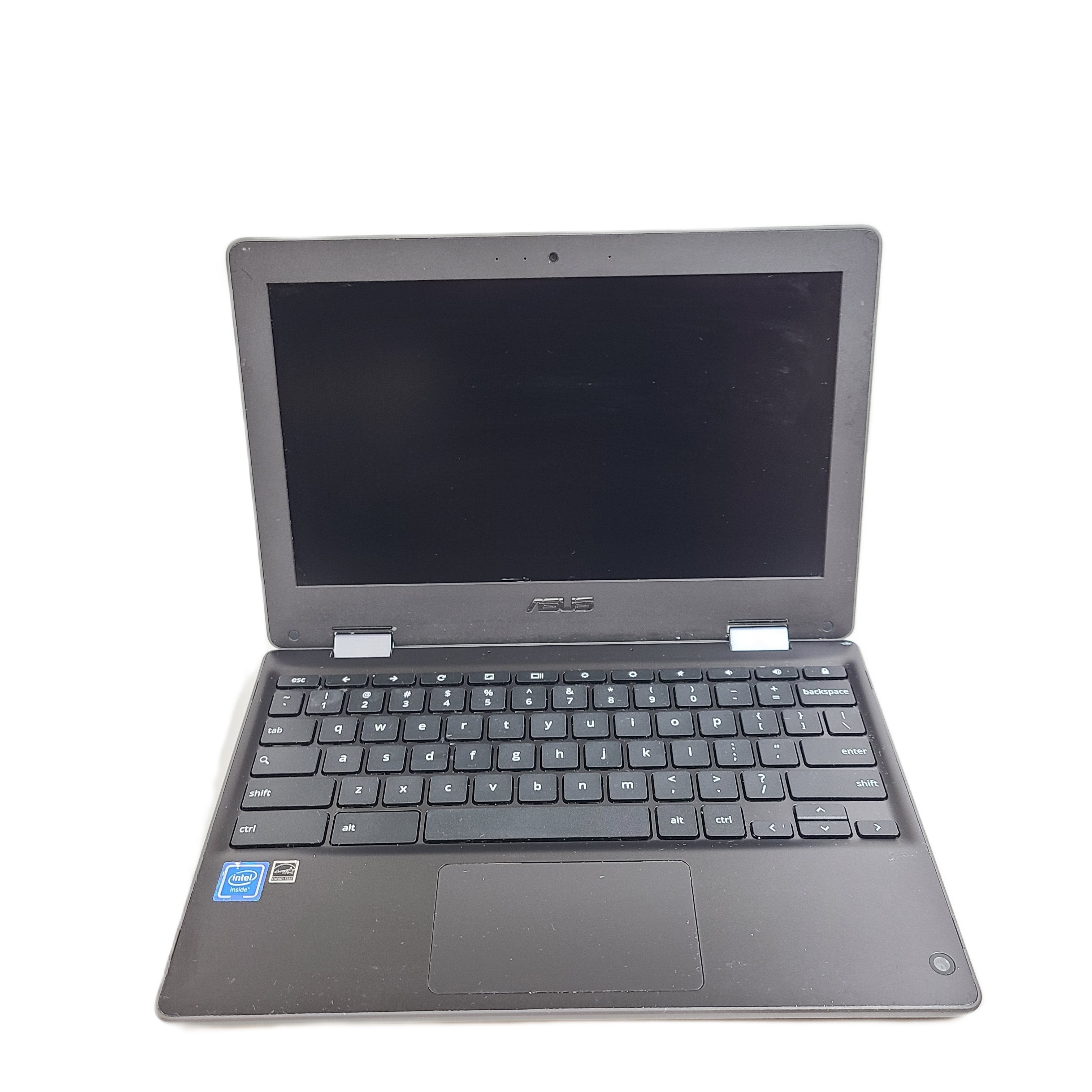 Black ASUS Chromebook C204EE with an 11.6-inch HD display, durable chassis, and streamlined Chrome OS performance.