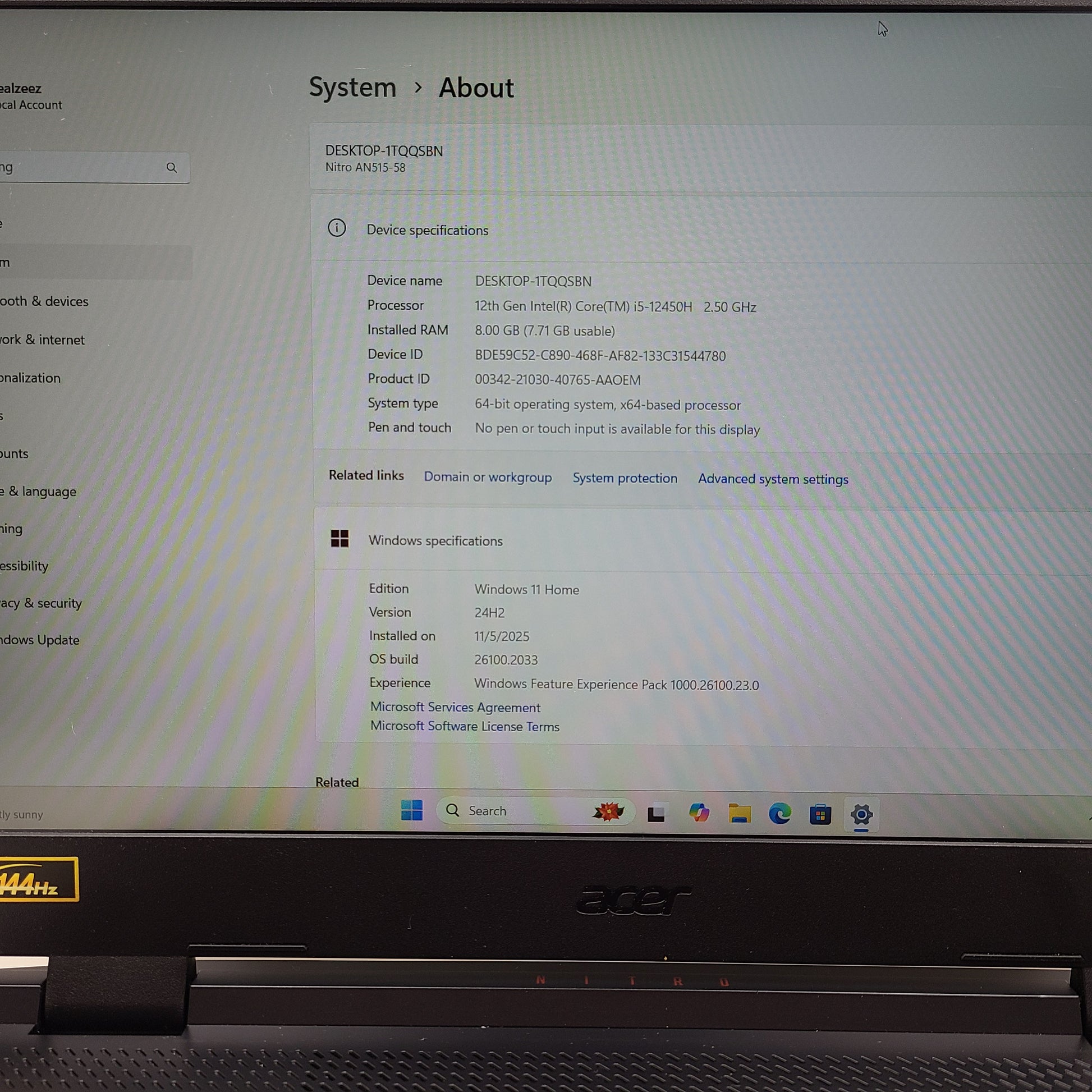 Black Acer Nitro 5 gaming laptop with 8GB RAM and Intel Core i5 12th Gen.