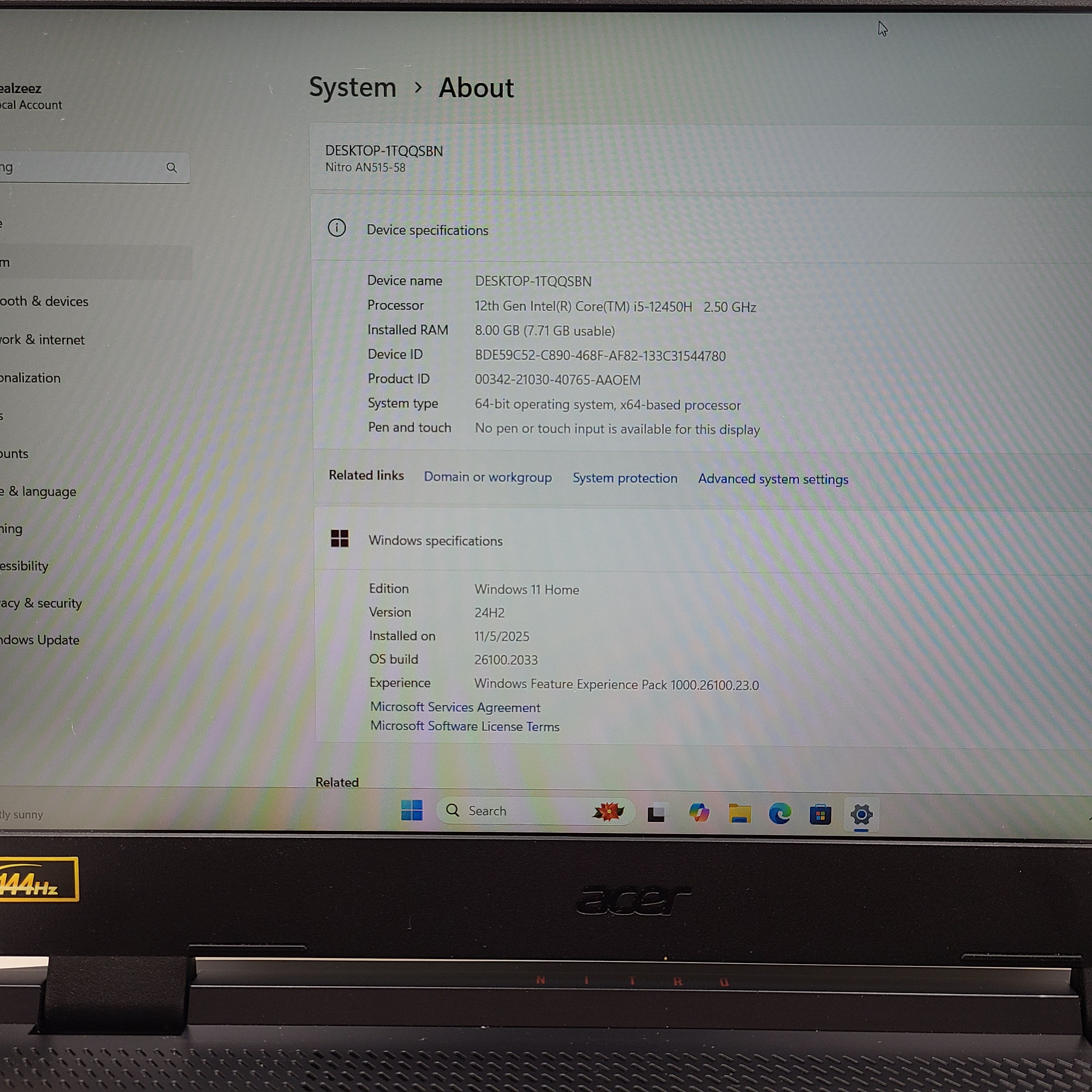 Black Acer Nitro 5 gaming laptop with 8GB RAM and Intel Core i5 12th Gen.