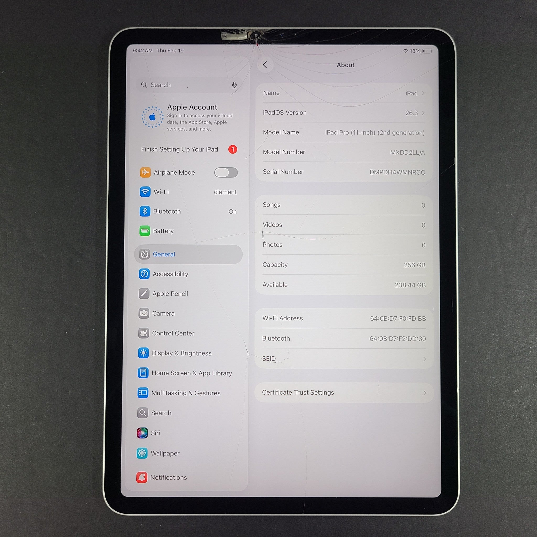 Apple iPad Pro 11 2nd Gen 256GB, Wi-Fi, 11in - Silver A2228 - READ SCREEN v2