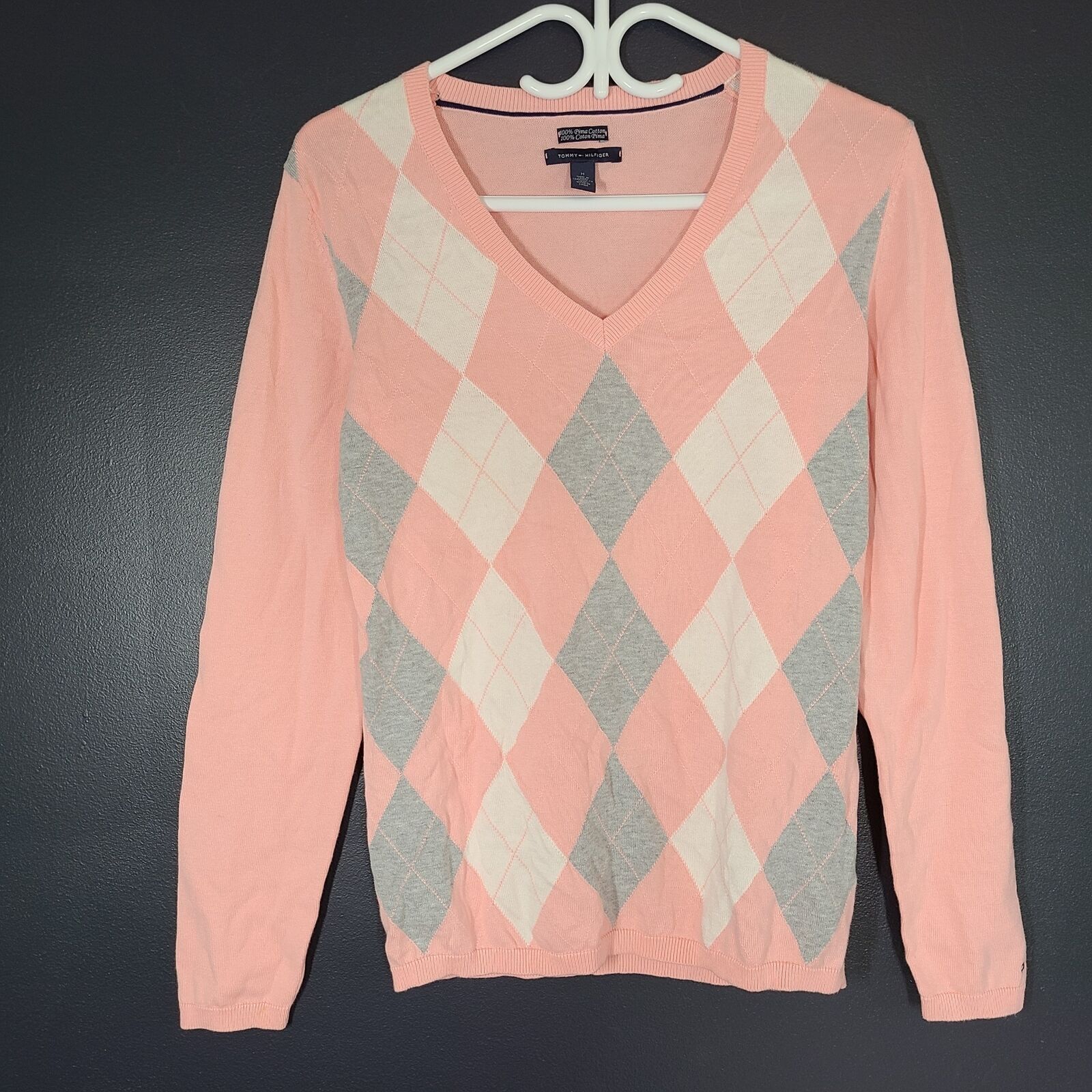 Tommy Hilfiger Women's Pima Cotton Argyle Sweater Pink Pullover Size Medium