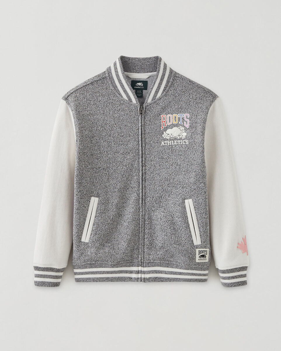 Roots Canada Kids Oversized Varsity Jacket Fleece Relaxed Fit Gray White L NWT