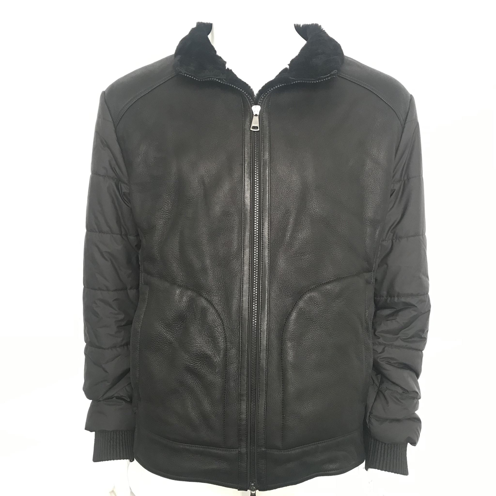 Moreschi Men's Leather & Quilted Fabric Bomber Jacket Black US Sz 48 XL