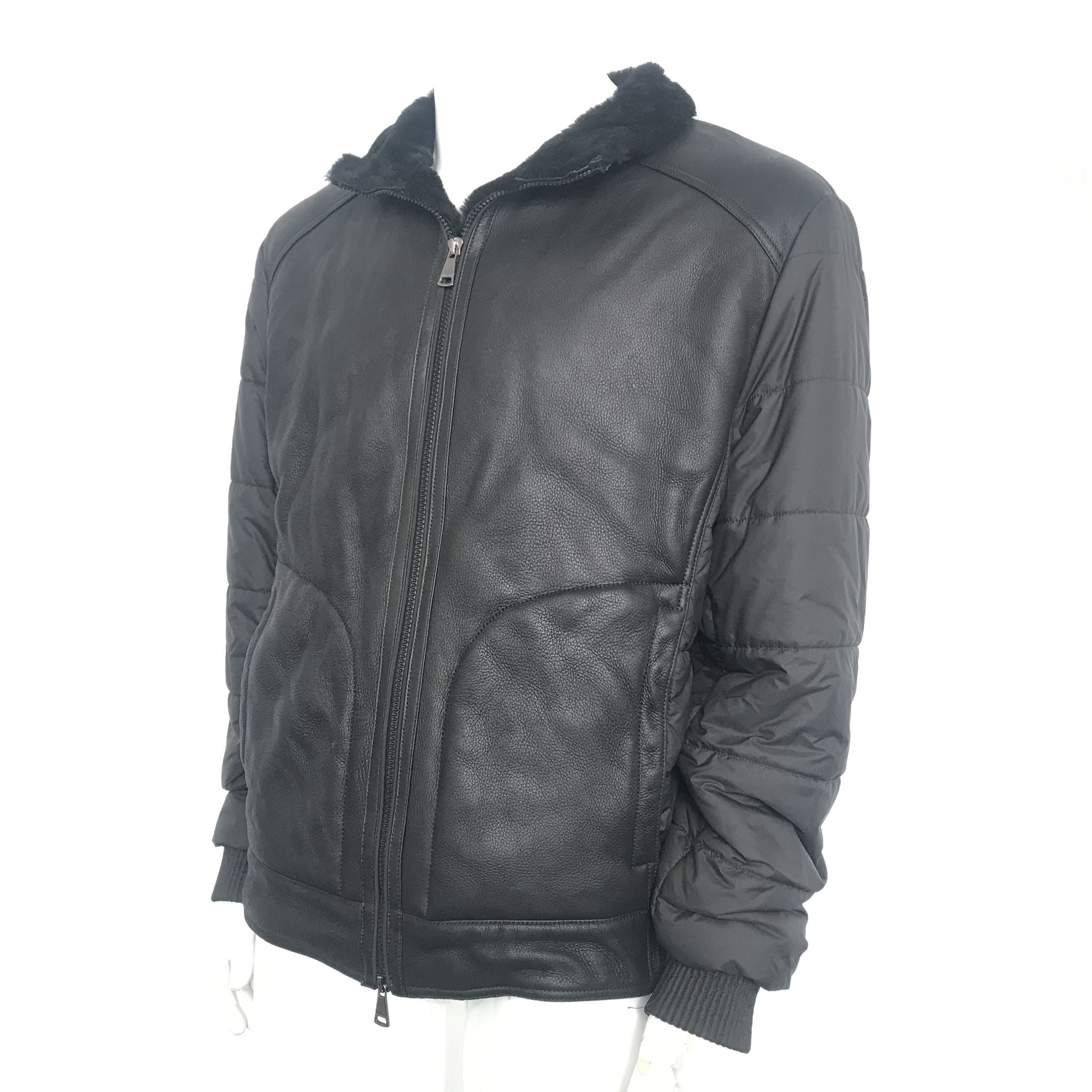 Moreschi Men's Leather & Quilted Fabric Bomber Jacket Black US Sz 48 XL