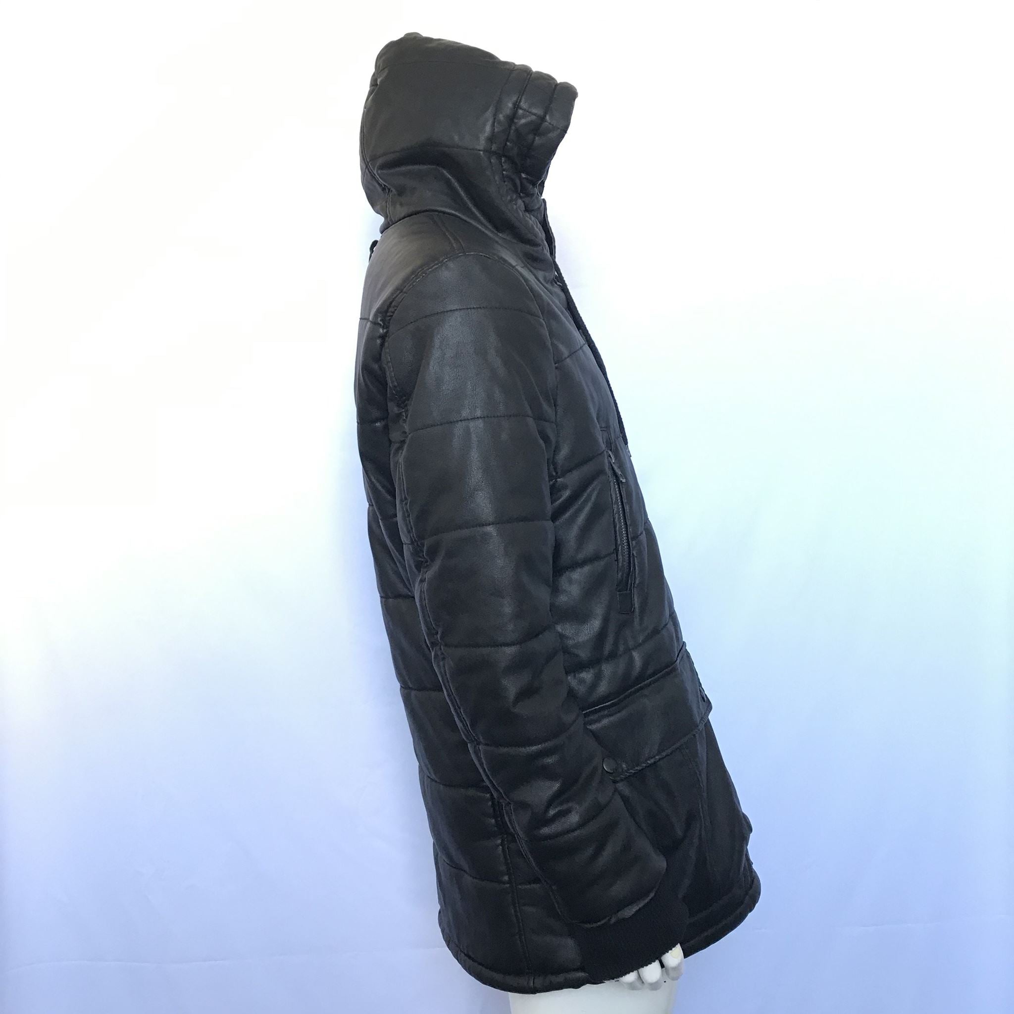 MNG Mango MAN Men's Faux Leather Hooded Puffer Parka Black Sz M