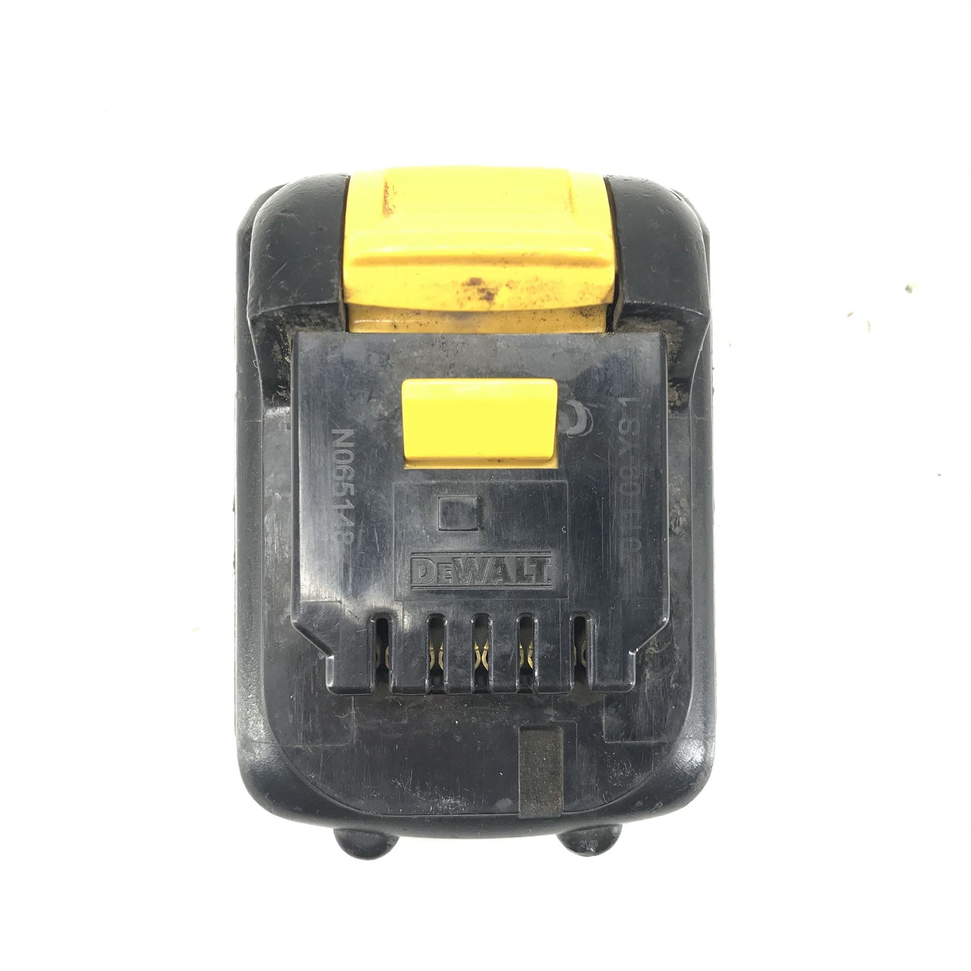 Black and yellow Dewalt battery on a white background