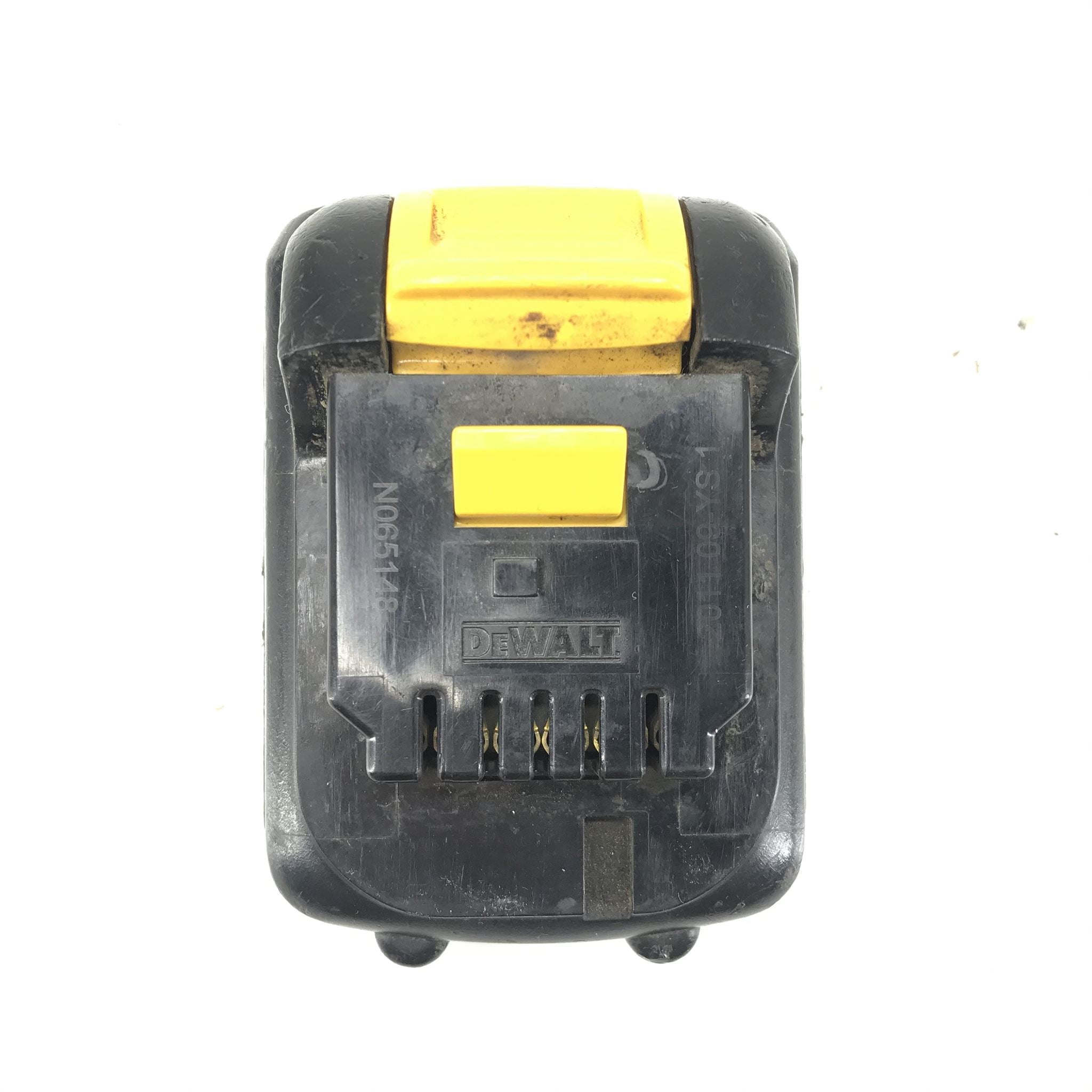 Black and yellow Dewalt battery on a white background