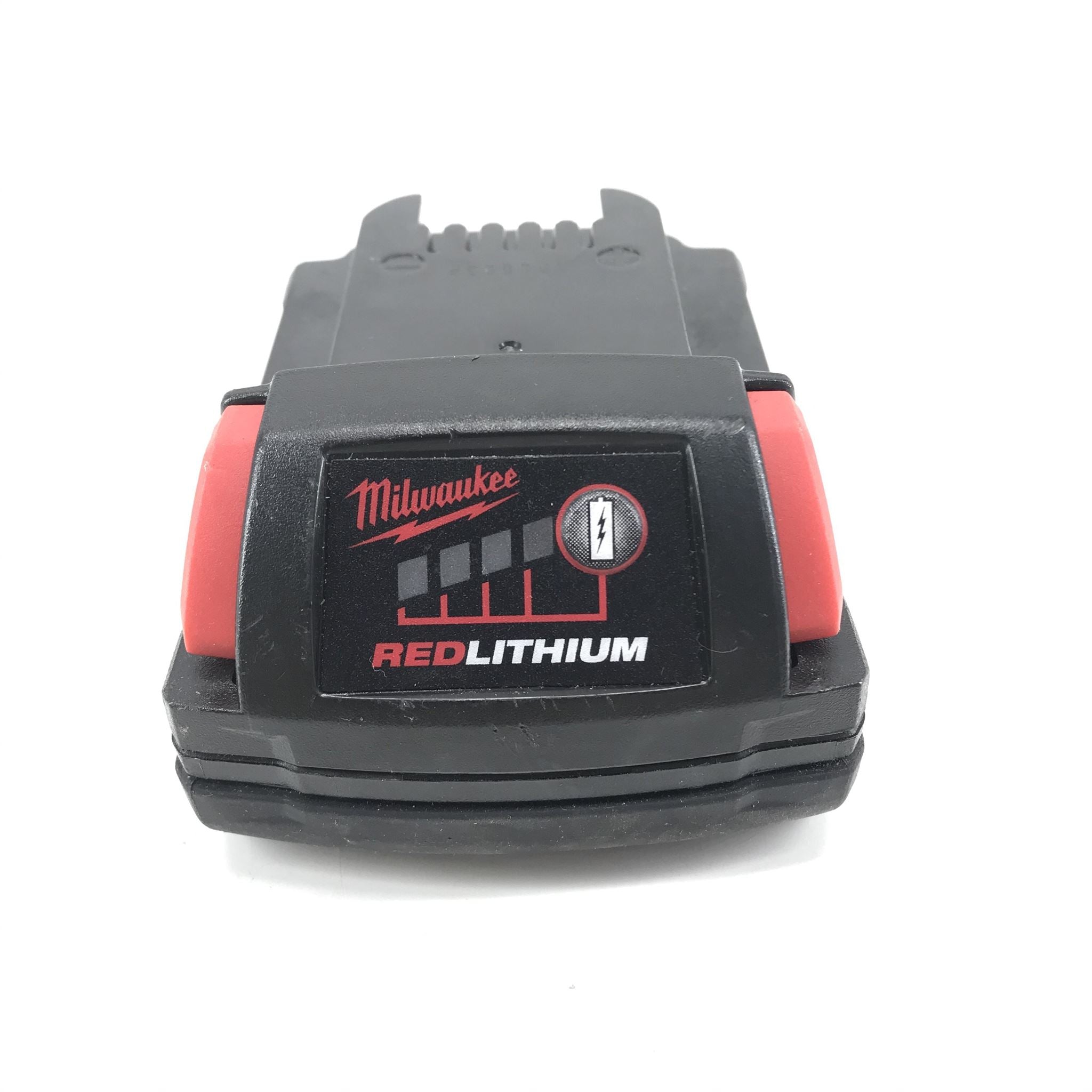 Milwaukee Red Lithium battery pack on a white background
