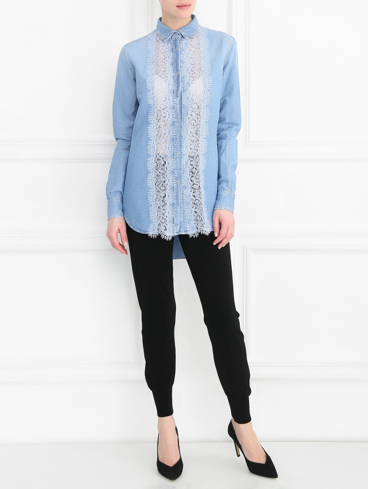 Authentic Ermanno Scervino Jeans Shirt Blouse Lace Detail Linen Denim Blue Sz 6