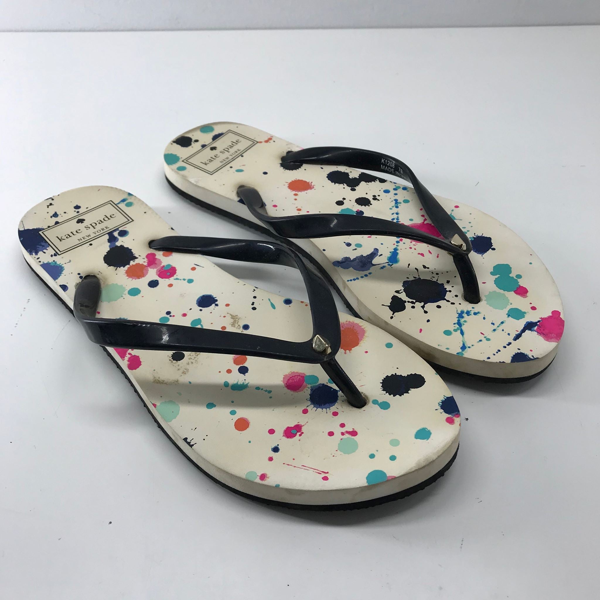 Kate Spade Women’s Felton Flip Flop Paint Splatter Pattern Black Strap Sz 7