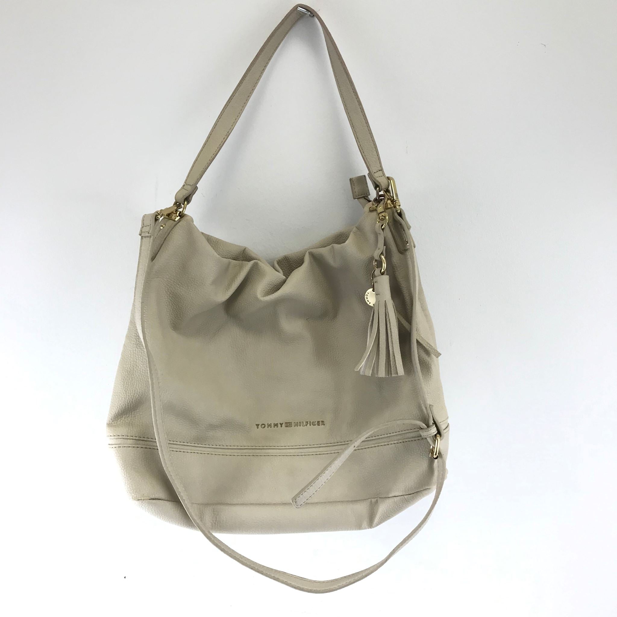 Tommy Hilfiger Bucket Hobo Shoulder Bag with Tassel and Detachable Strap Beige