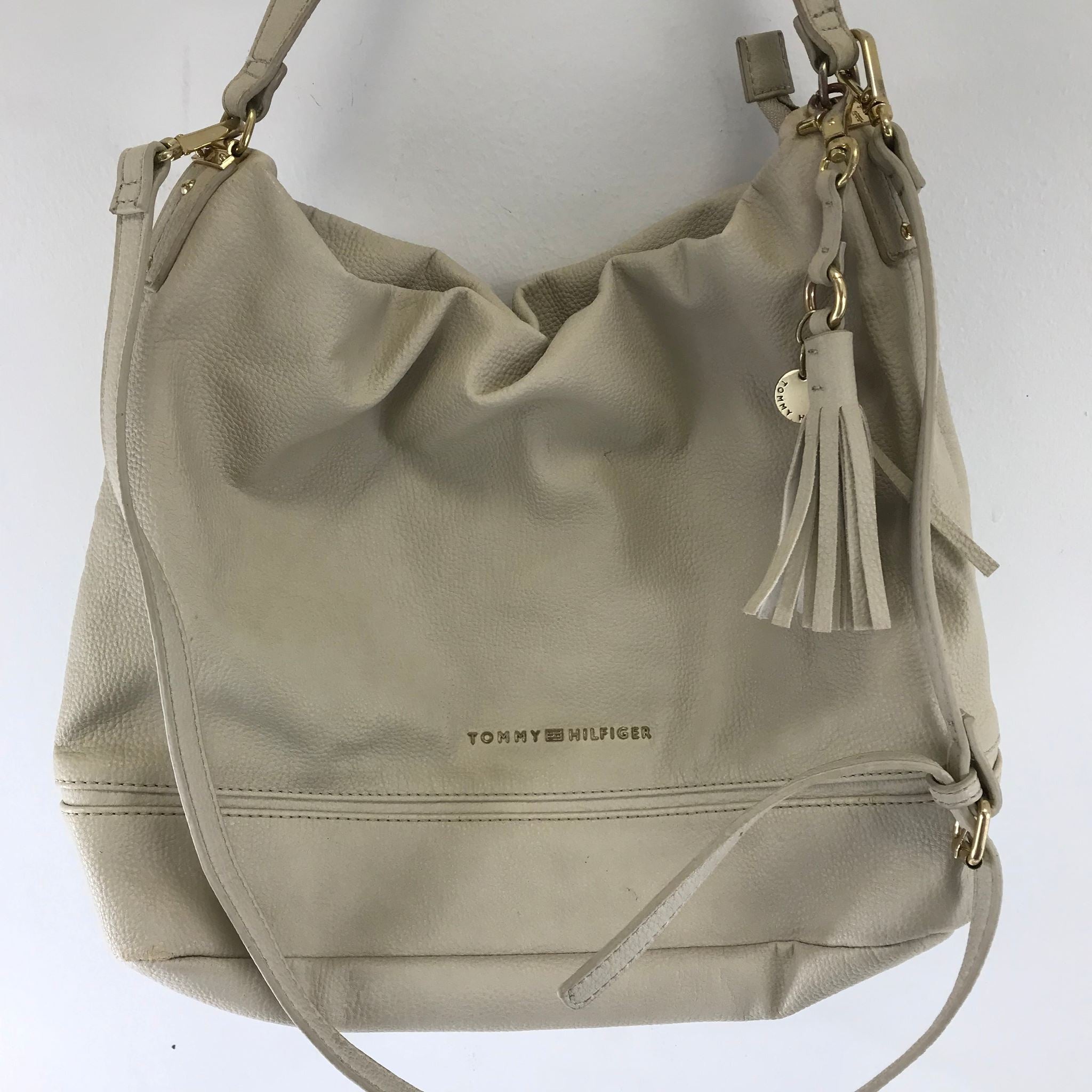 Tommy Hilfiger Bucket Hobo Shoulder Bag with Tassel and Detachable Strap Beige