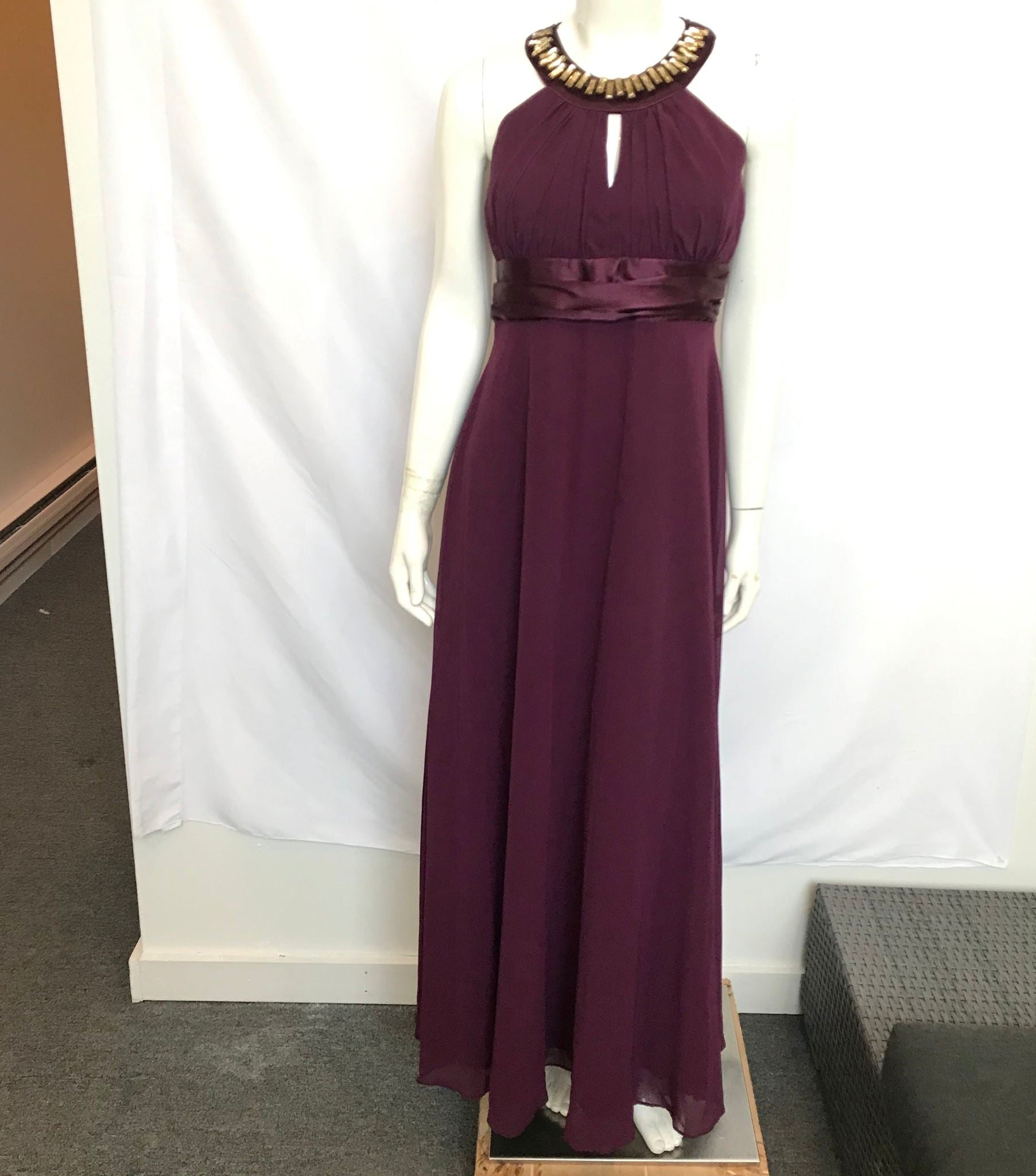 Mottive Women's Plum Purple Chiffon Halter Embellished Halter Dress Sz 8