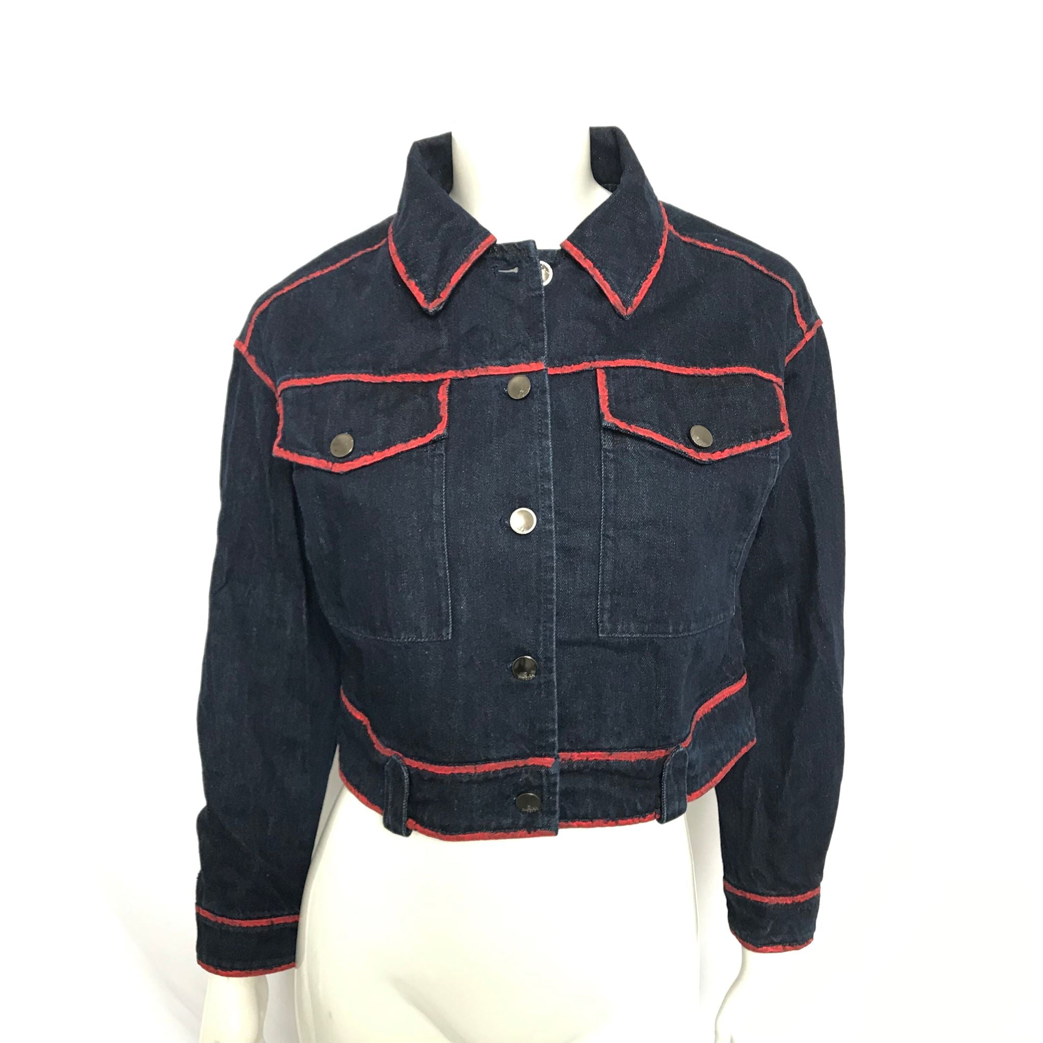 Xiran Womens' Cropped Dark Wash Denim Red Paint Detailed Jacket Sz S