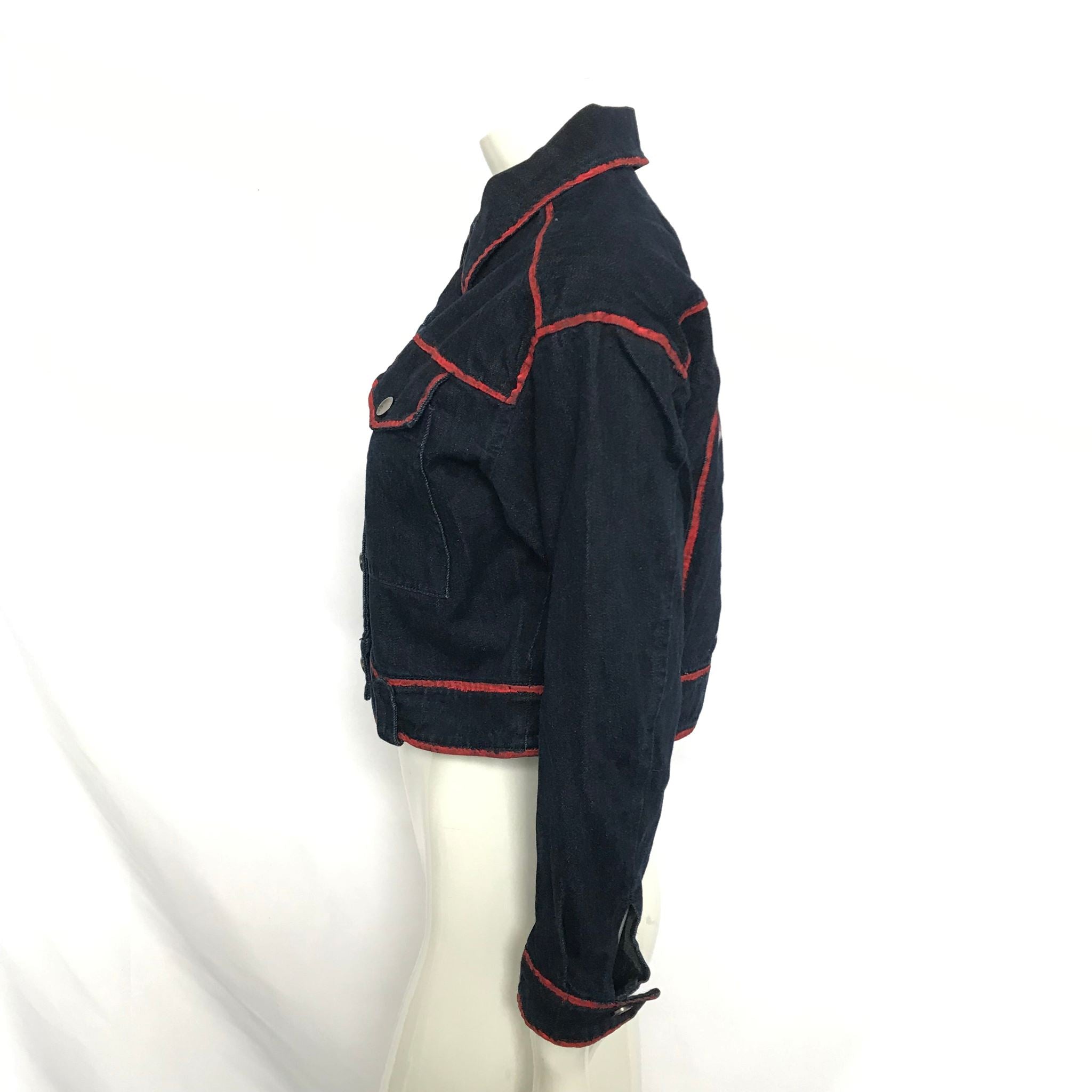Xiran Womens' Cropped Dark Wash Denim Red Paint Detailed Jacket Sz S