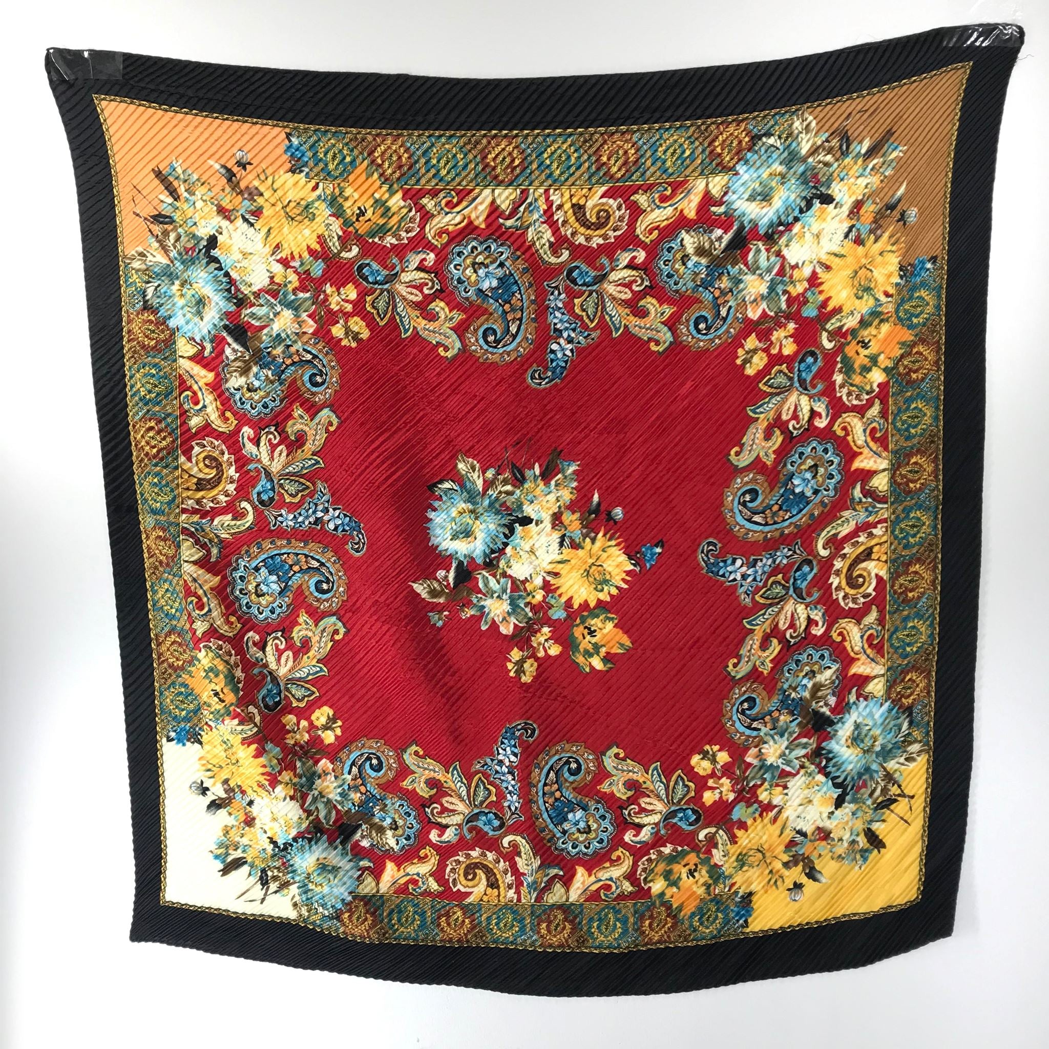 Diagonal Ruffle Floral Polyester Shawl Red Black Scarf 31" x 31"