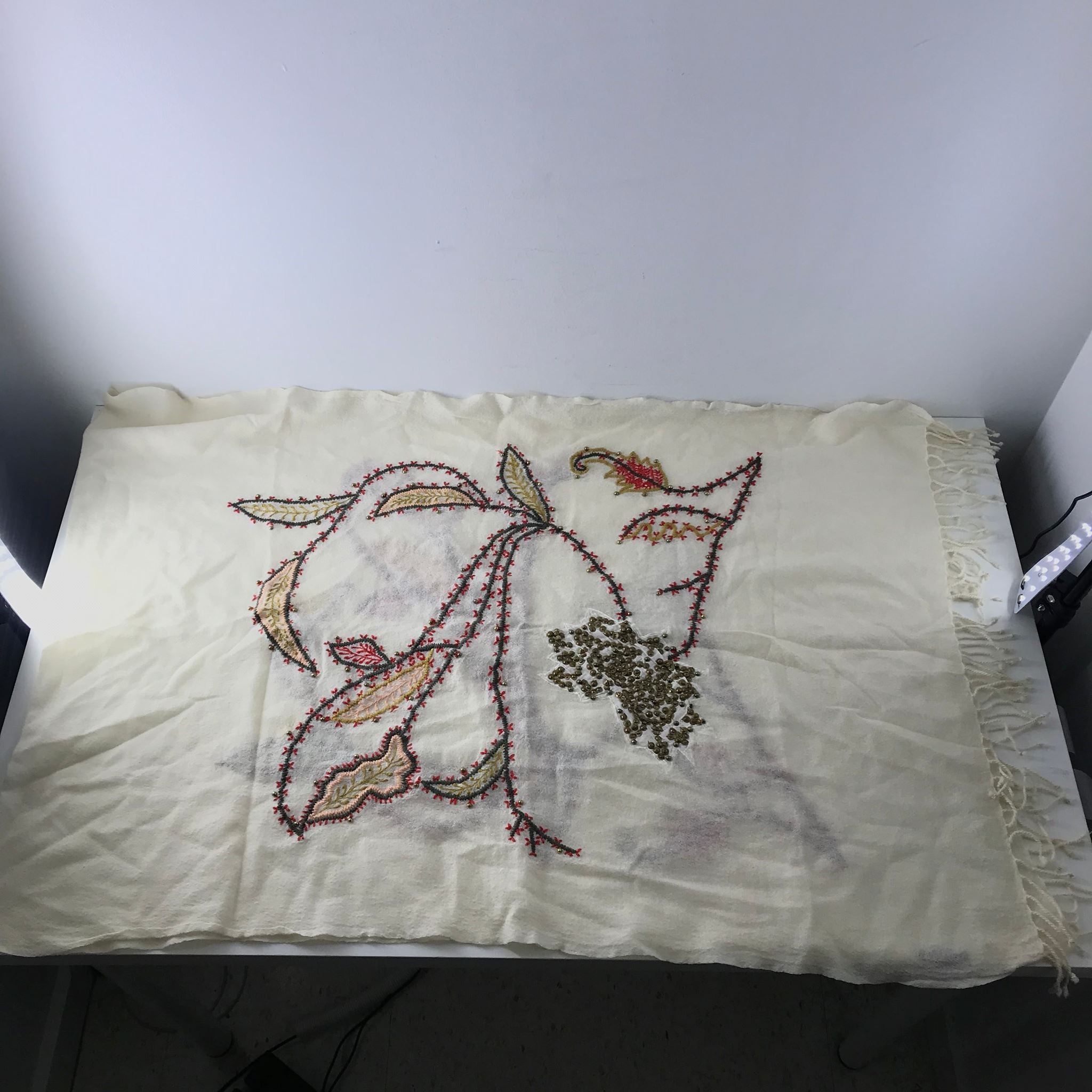 Massimo Dutti Embroidered Beaded Floral Print Fringed Scarf Cream