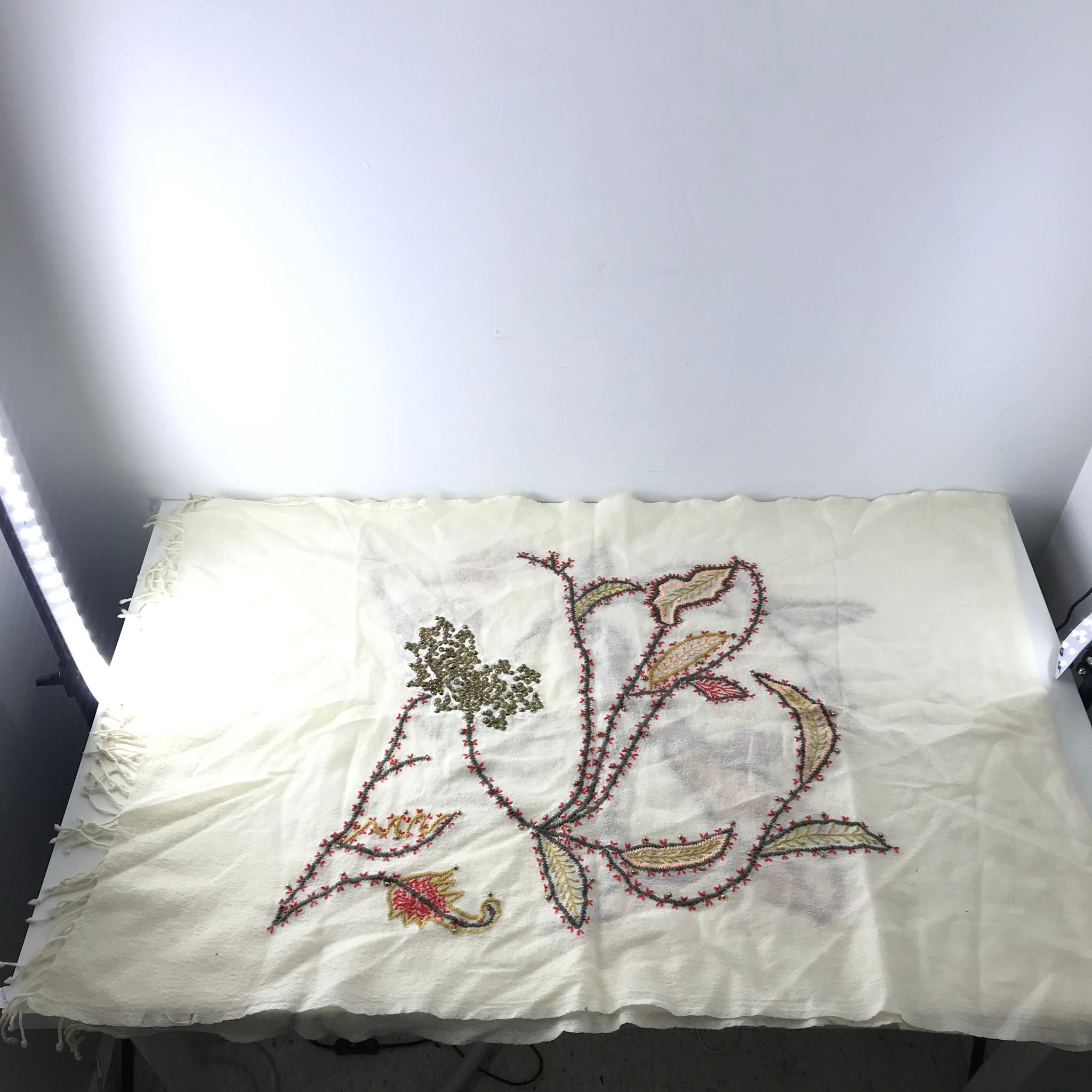 Massimo Dutti Embroidered Beaded Floral Print Fringed Scarf Cream
