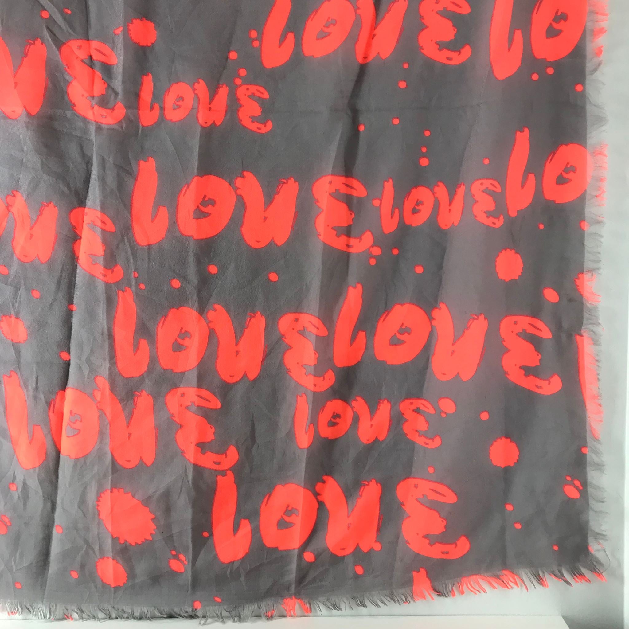 Love Print Fringed Shawl Gray Pink Scarf 41" x 41"