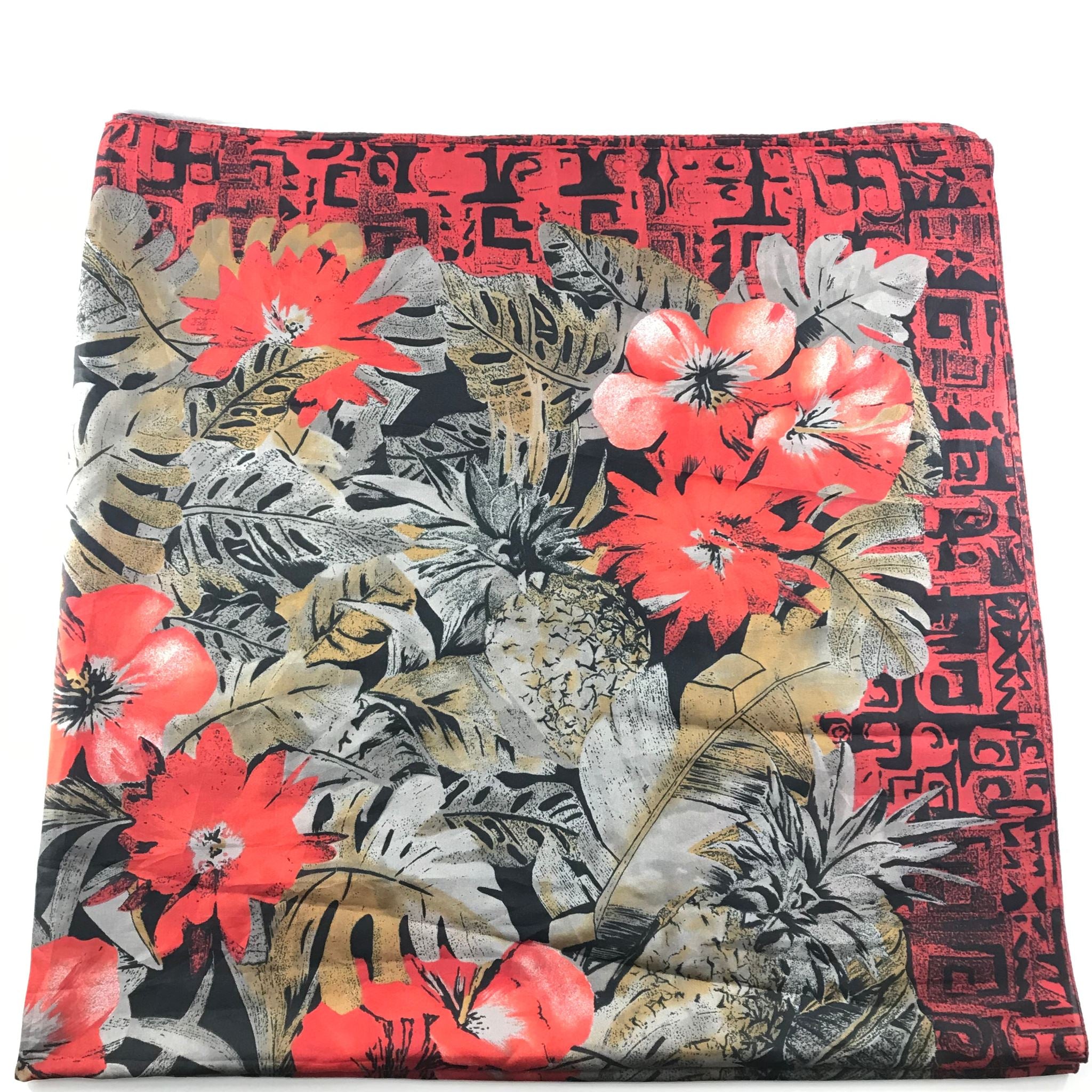 Tropical Flower Graphic Square Scarf Black Red 45" x 45"
