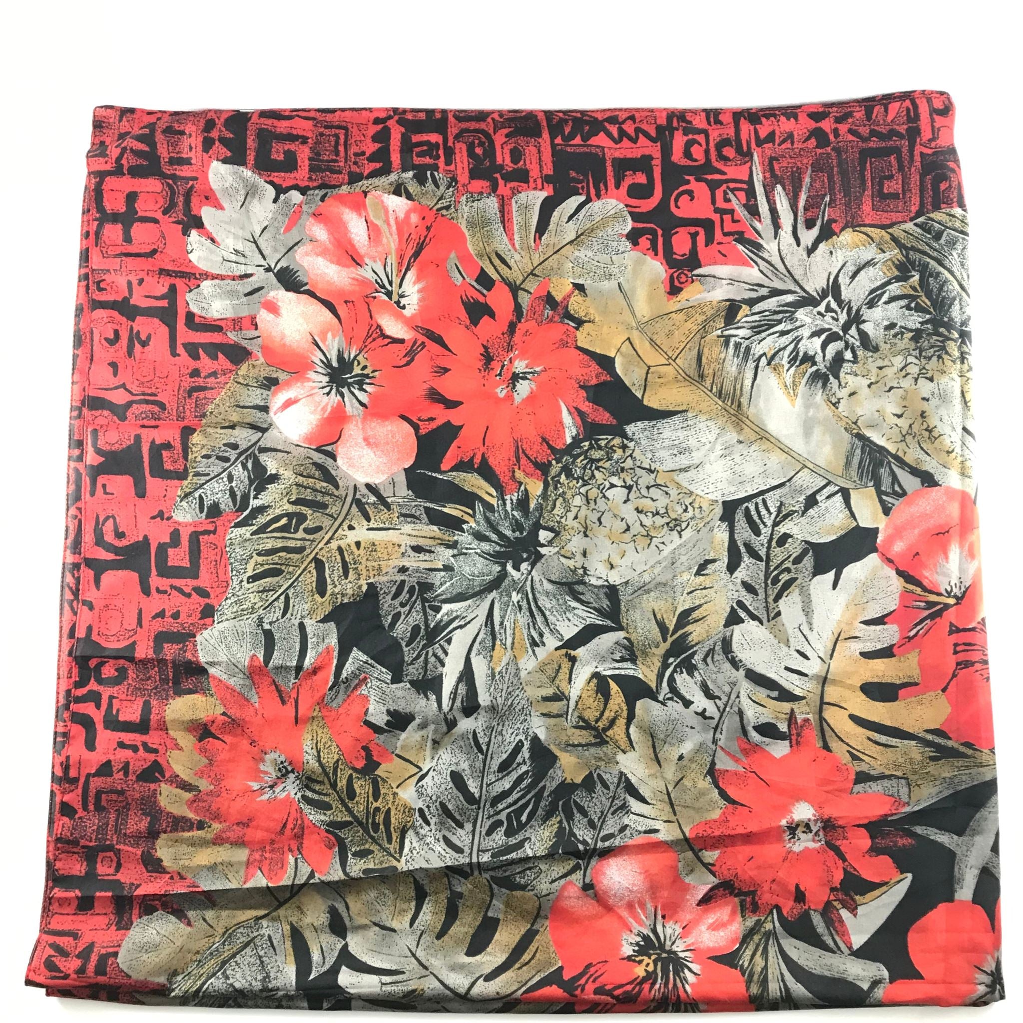 Tropical Flower Graphic Square Scarf Black Red 45" x 45"