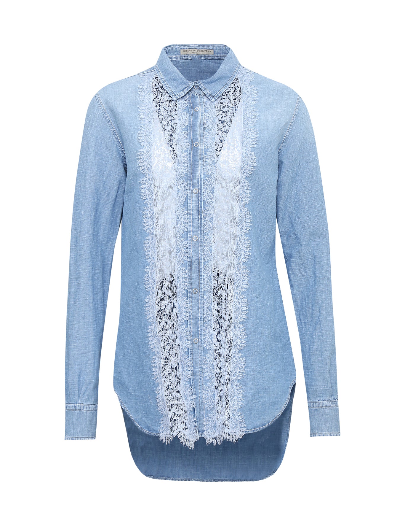Authentic Ermanno Scervino Jeans Shirt Blouse Lace Detail Linen Denim Blue Sz 6