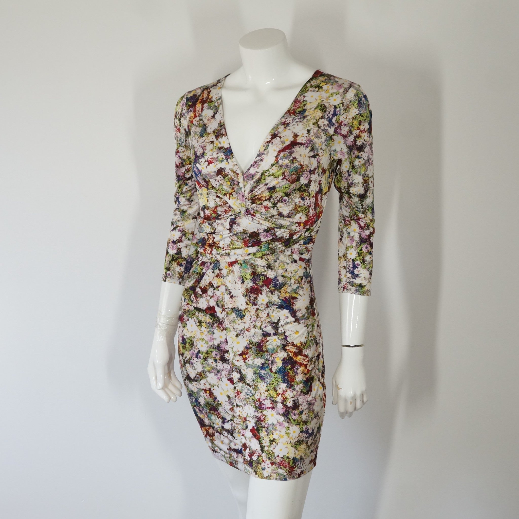 Guess Bodycon Floral Knotted Dress Plunging V Neck Sz S