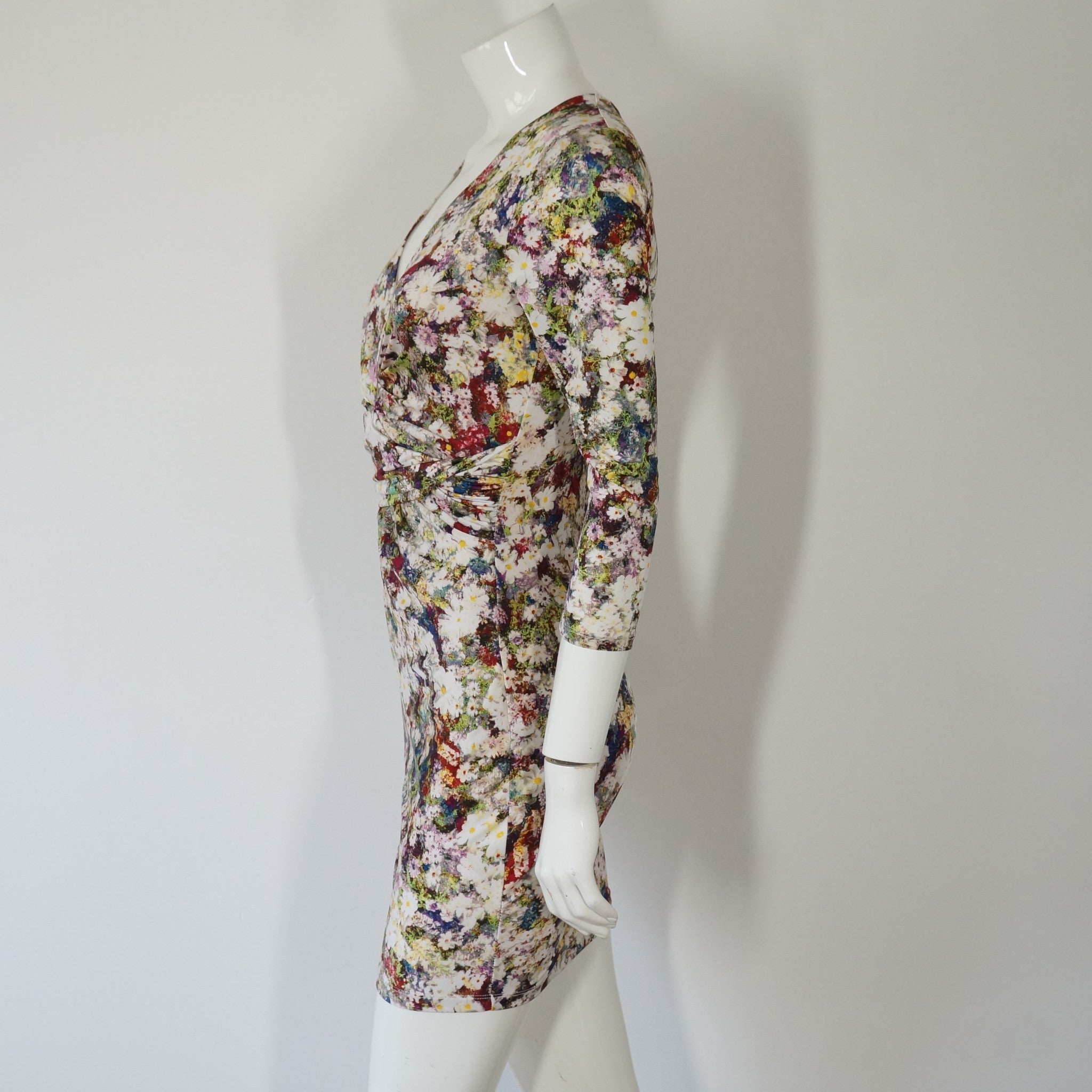 Guess Bodycon Floral Knotted Dress Plunging V Neck Sz S
