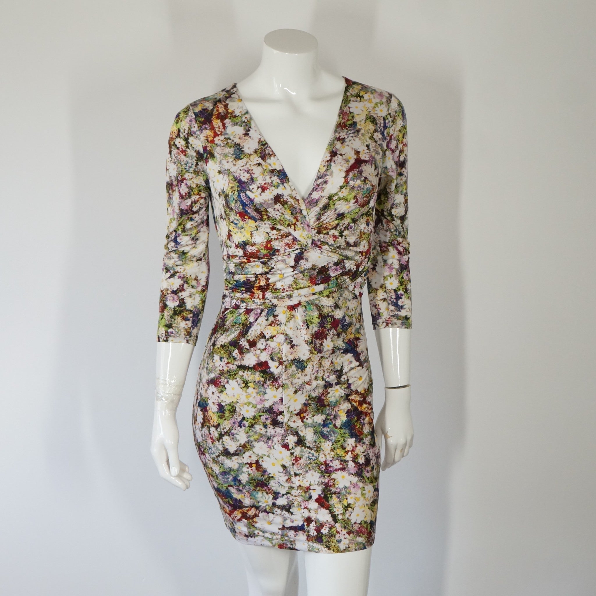 Guess Bodycon Floral Knotted Dress Plunging V Neck Sz S
