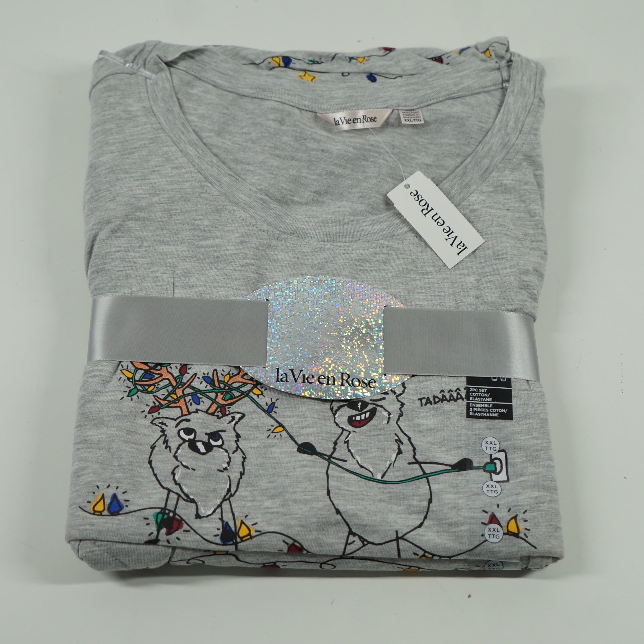 La Vie En Rose Cotton Reindeer Lights PJ Set Grey Sz XXL