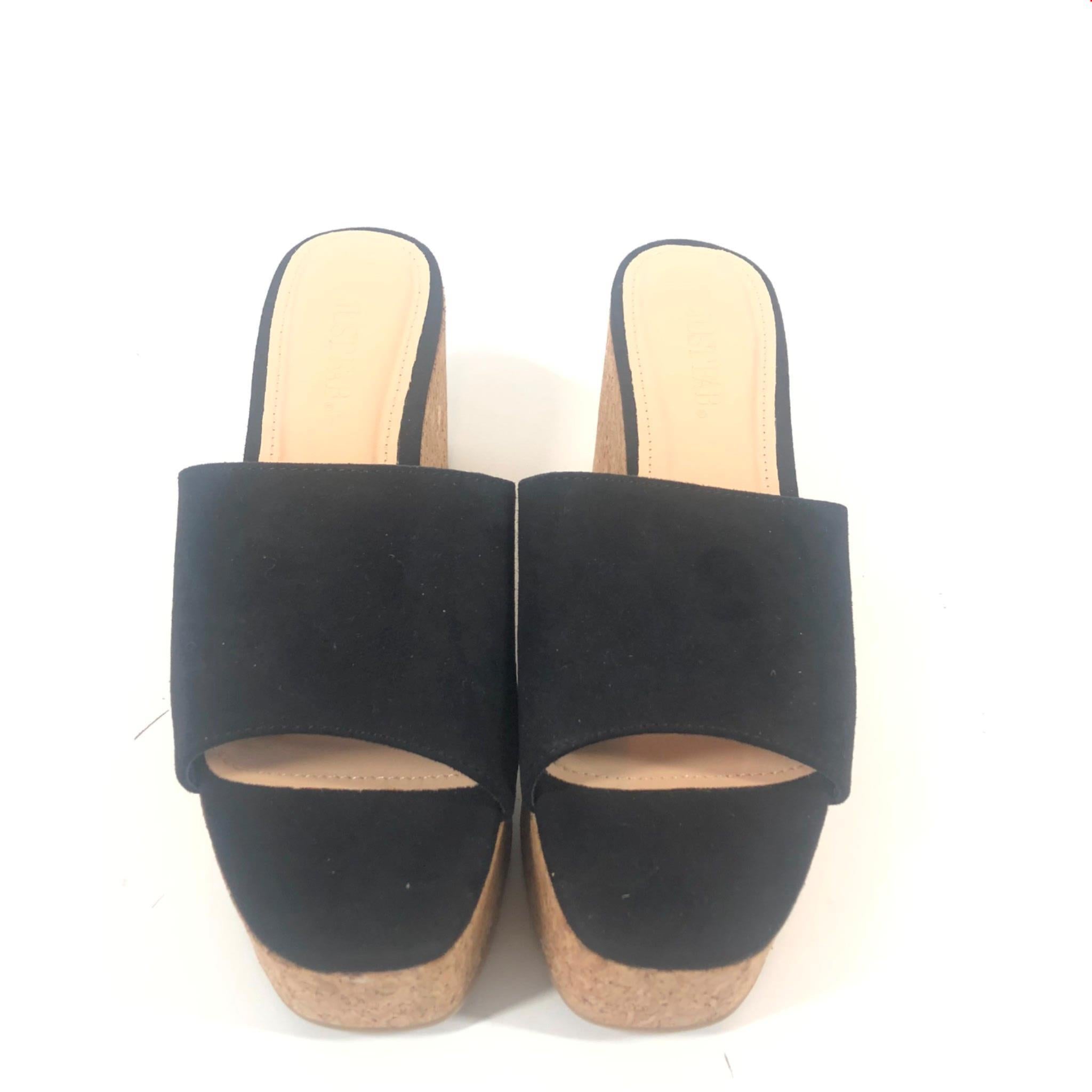 JUSTFAB Delia Slide Cork Wedges Heels Black Beige Sz 5.5