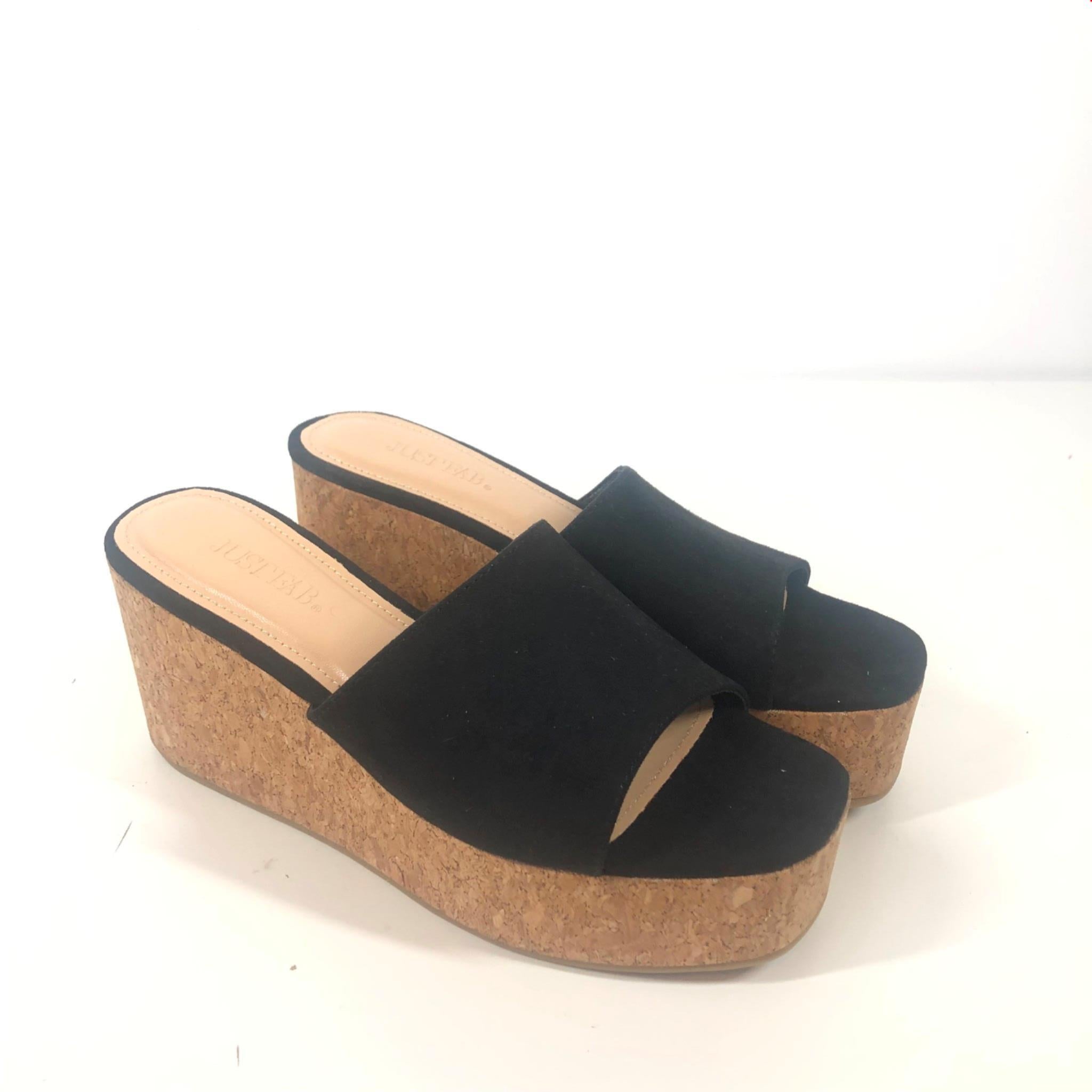 JUSTFAB Delia Slide Cork Wedges Heels Black Beige Sz 5.5