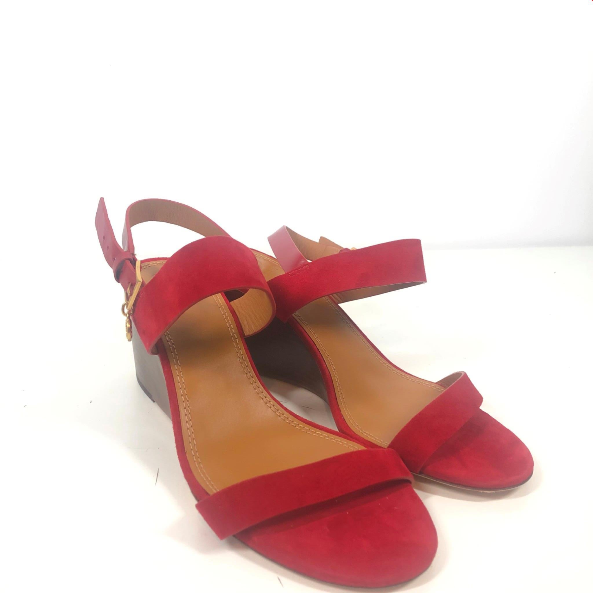 Tory Burch Benton Suede Wedge Sandals Heels Red Sz 8.5